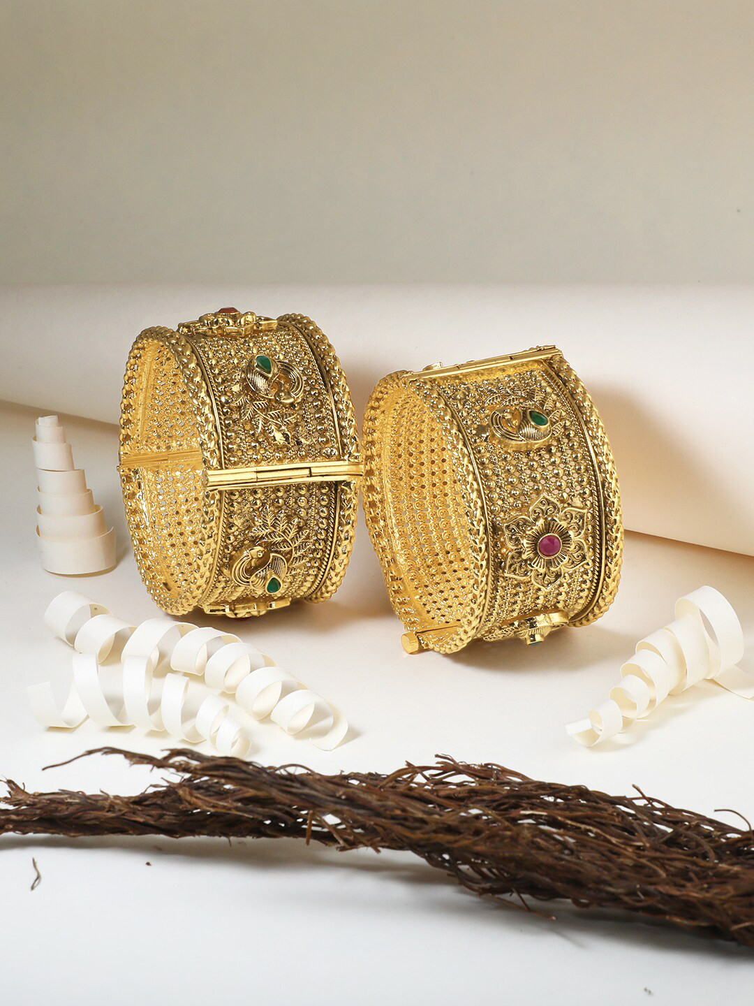 

Adwitiya Collection Set Of 2 24 CT Gold-Plated Green Stone-Studded Bangles