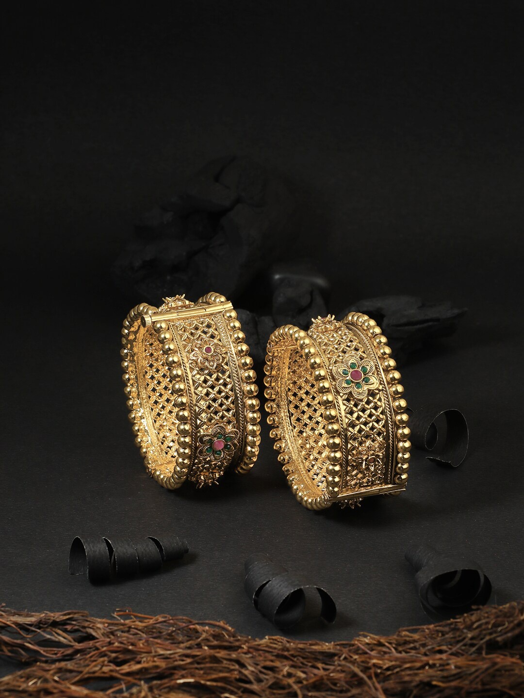 

Adwitiya Collection Set Of 2 24 CT Gold-Plated & Red Stone-Studded Bangles