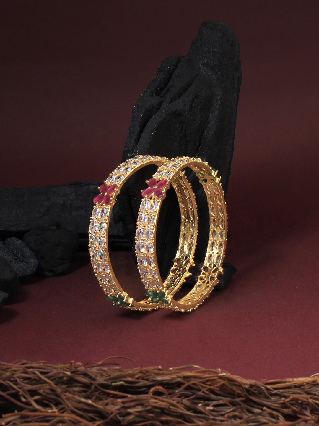 

Adwitiya Collection Set Of 2 24 CT Gold-Plated White Stone-Studded Bangles