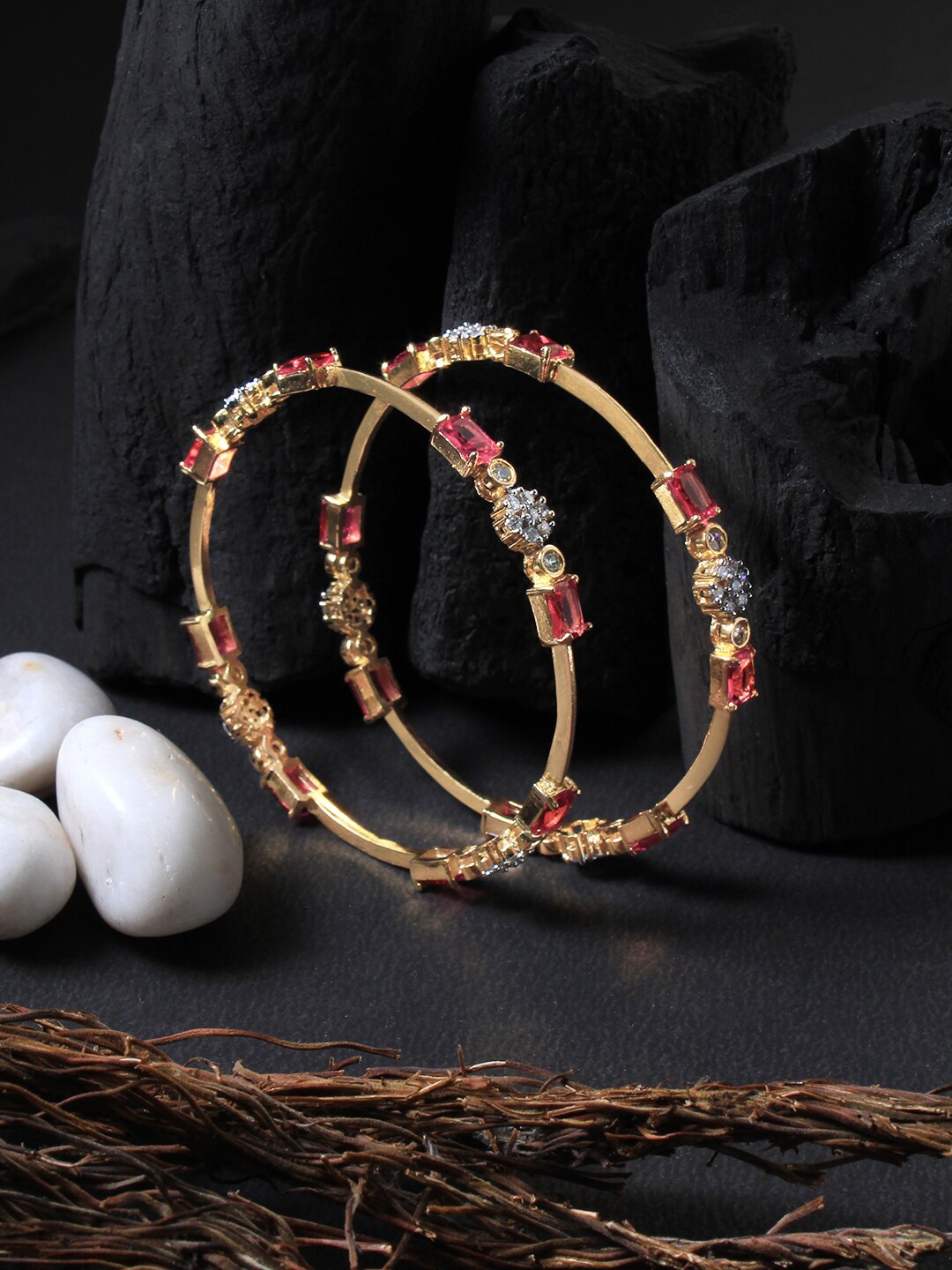 

Adwitiya Collection Set Of 2 Gold-Plated Pink & White CZ-Studded Bangles