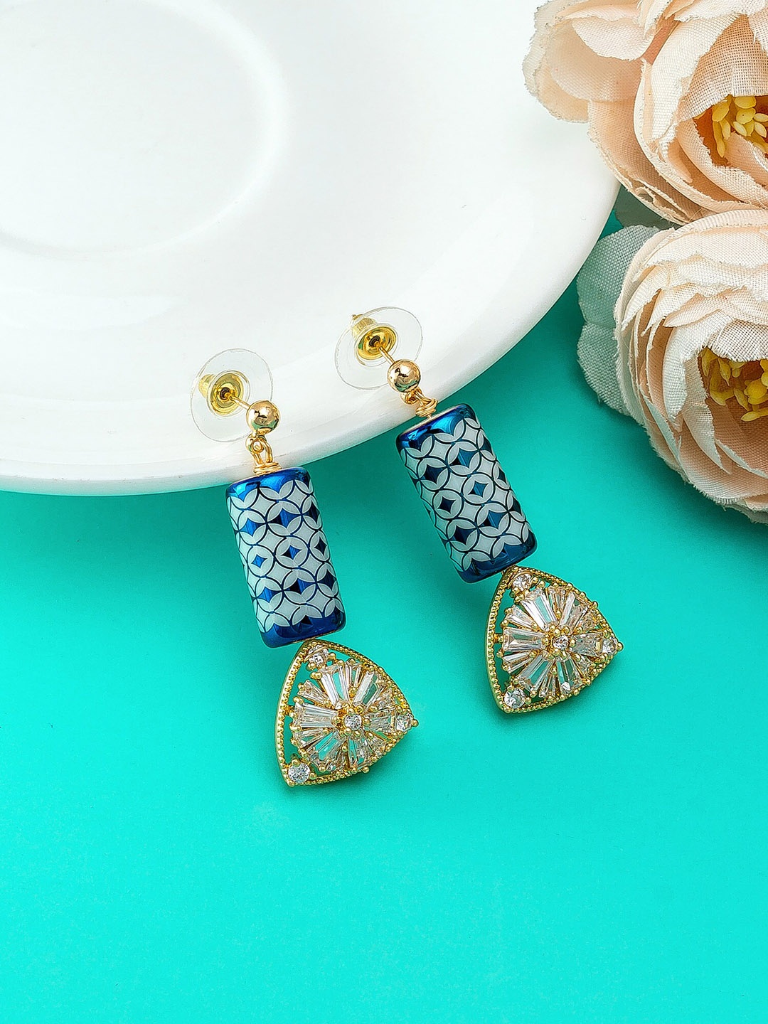 

aadita Gold-Toned Spherical American Diamond Drop Earrings