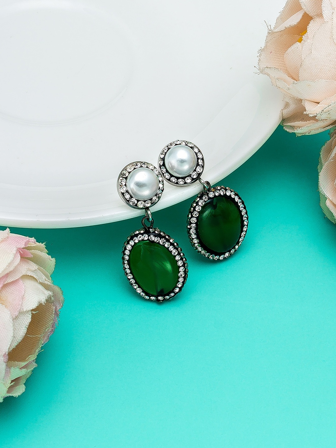 

aadita Silver-Toned & Green Contemporary Drop Earrings