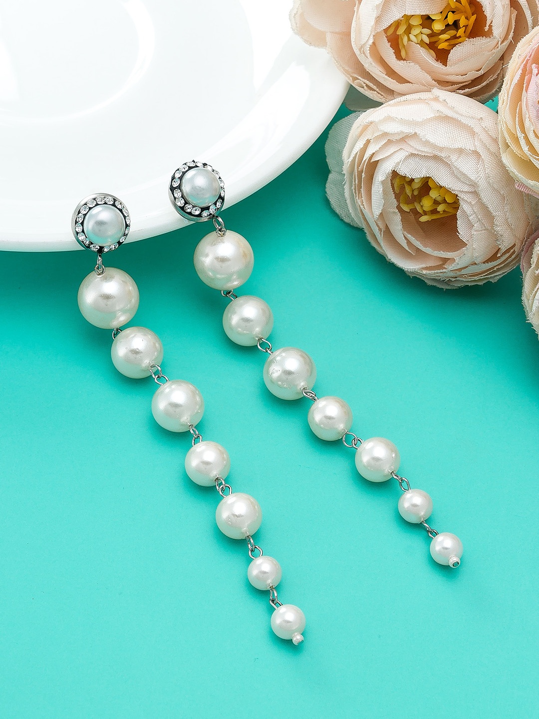 

aadita Silver-Toned Pearl Drop Earrings