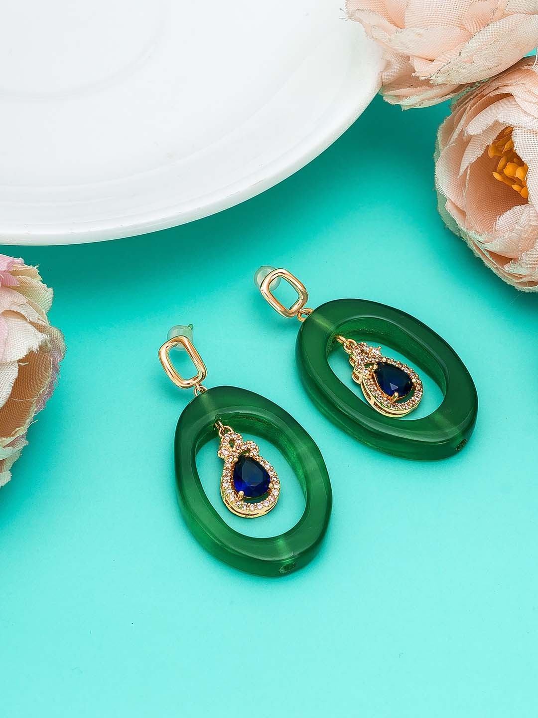 

aadita Gold-Toned Spherical American Diamond Studded Drop Earrings, Green