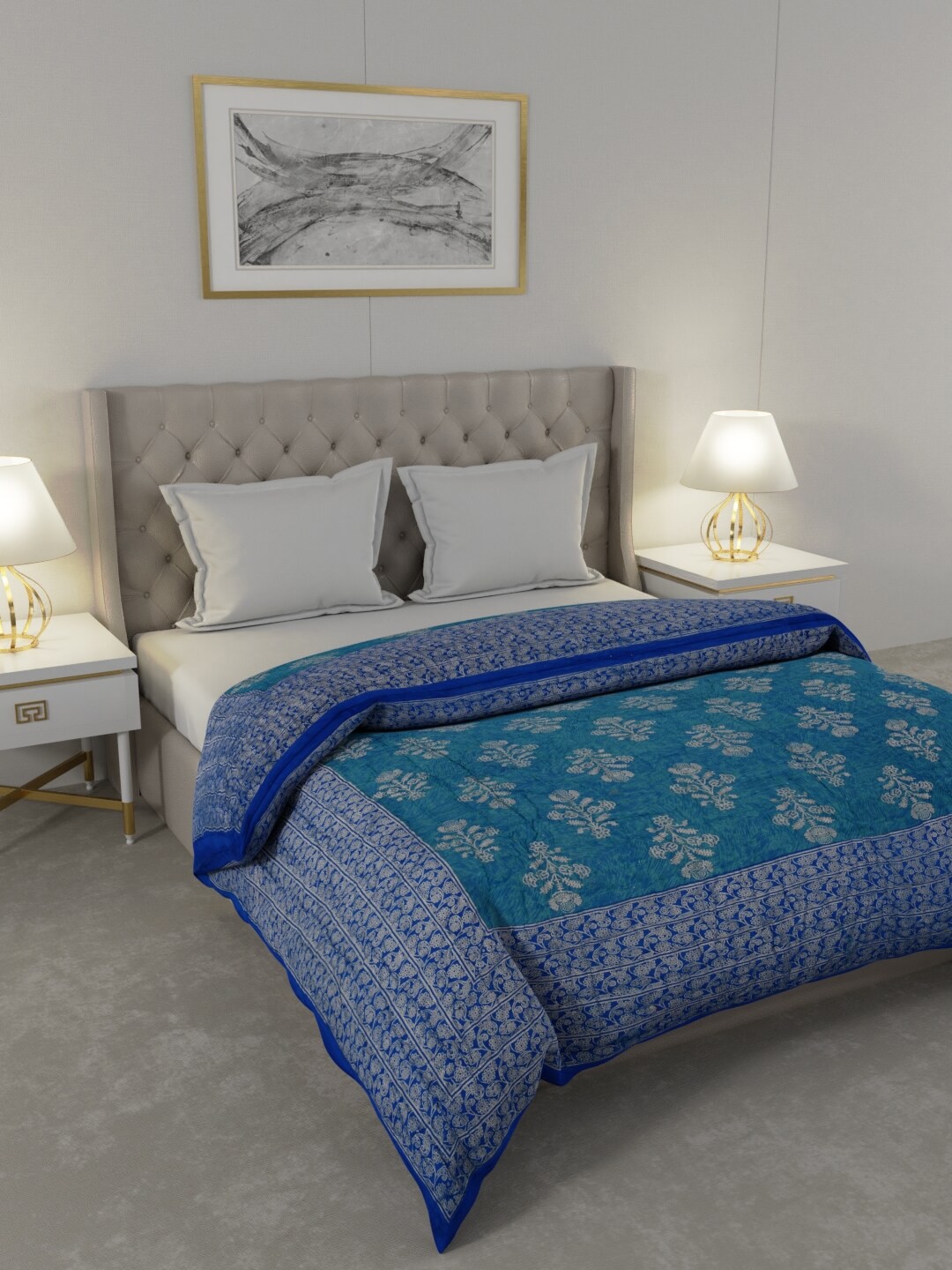 

JAIPUR FABRIC Blue & Silver-Toned Floral Cotton Heavy Winter 600 GSM Double Bed Quilt