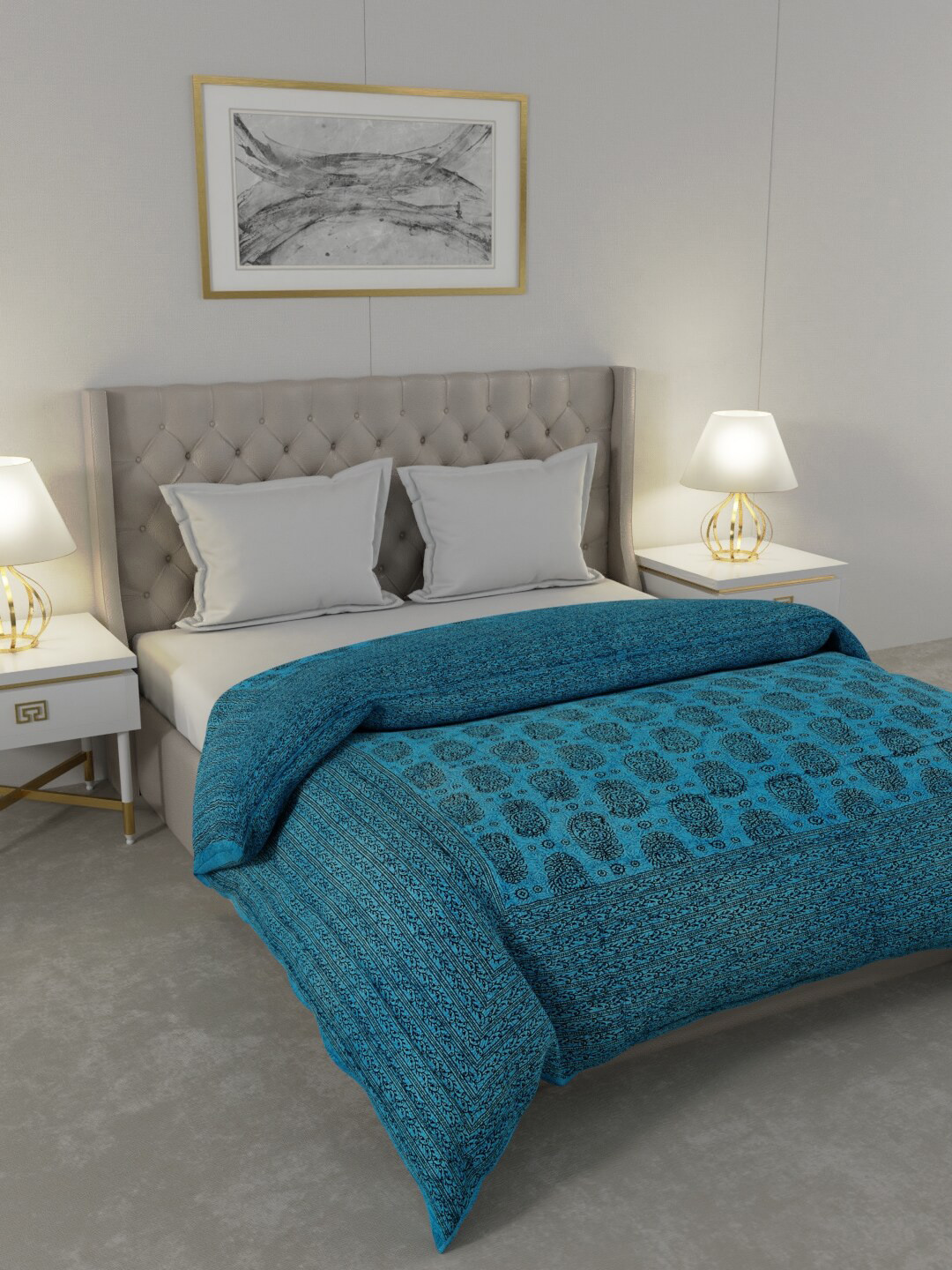 

JAIPUR FABRIC Blue & Black Floral Printed Cotton Heavy Winter 600 GSM Double Bed Quilt