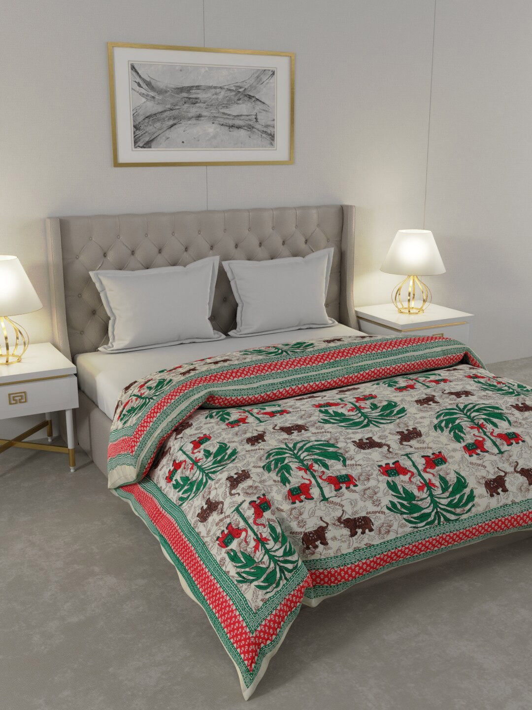 

JAIPUR FABRIC Green & Red Ethnic Motifs Heavy Winter 600 GSM Cotton Double Bed Quilt