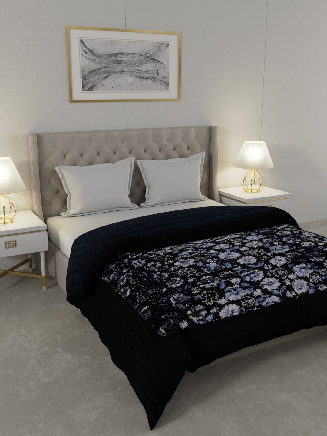 

JAIPUR FABRIC Black & White Floral Heavy Winter 600 GSM Velvet Double Bed Quilt