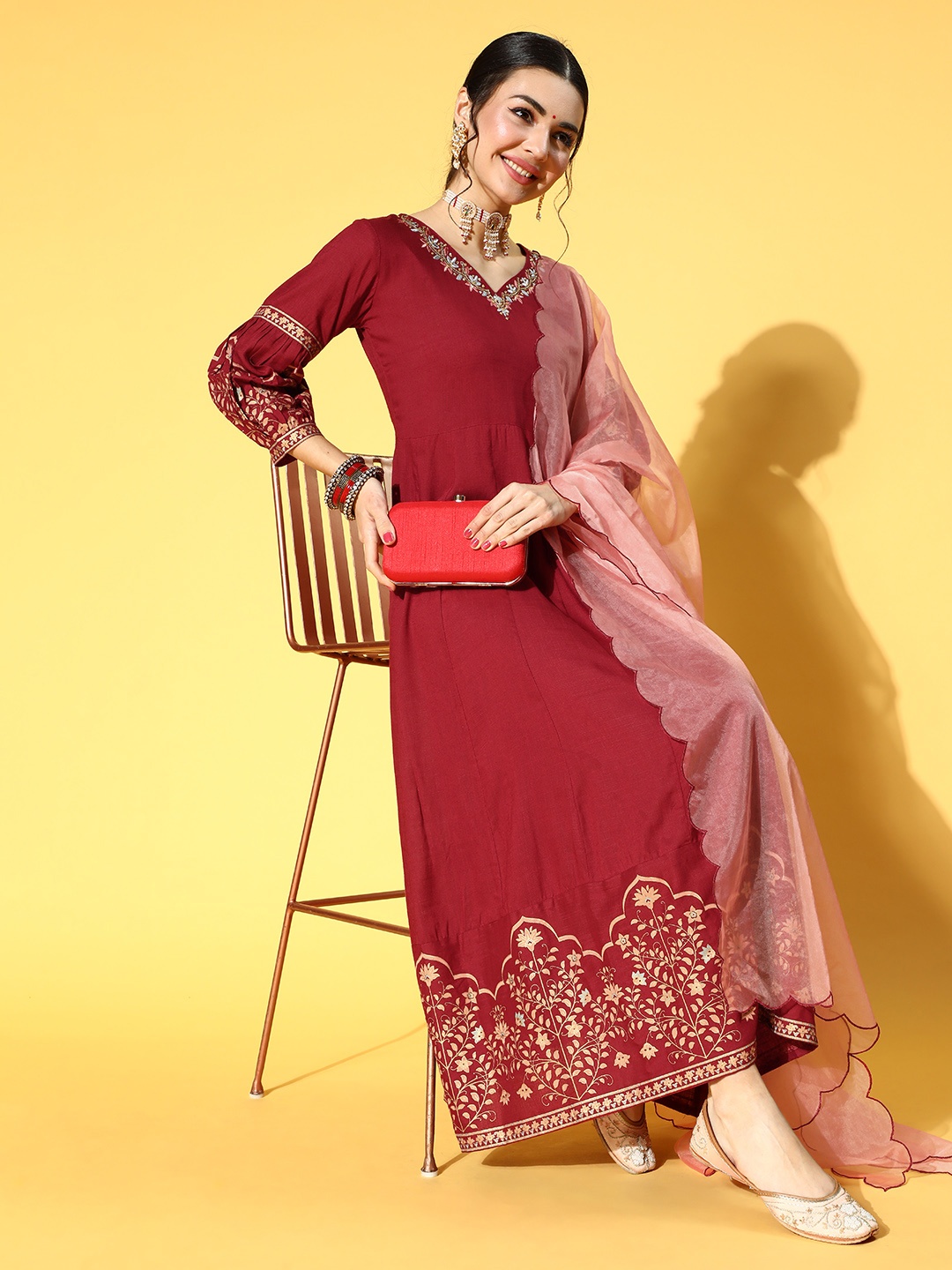 

Yufta Maroon Floral Ethnic Maxi Dress with Dupatta