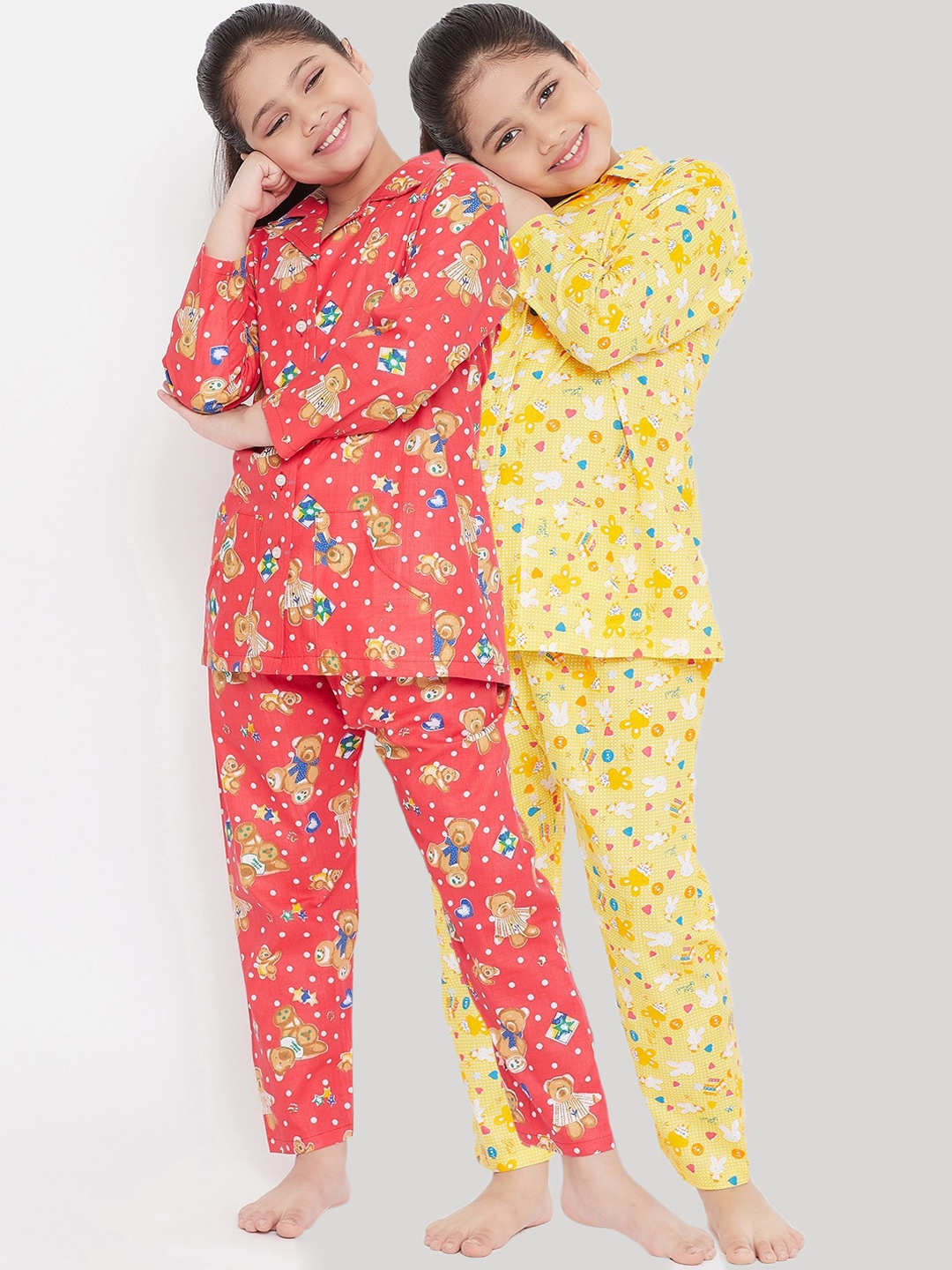 

KYDZI Girls Pack Of 2 Red & Yellow Printed Night suit