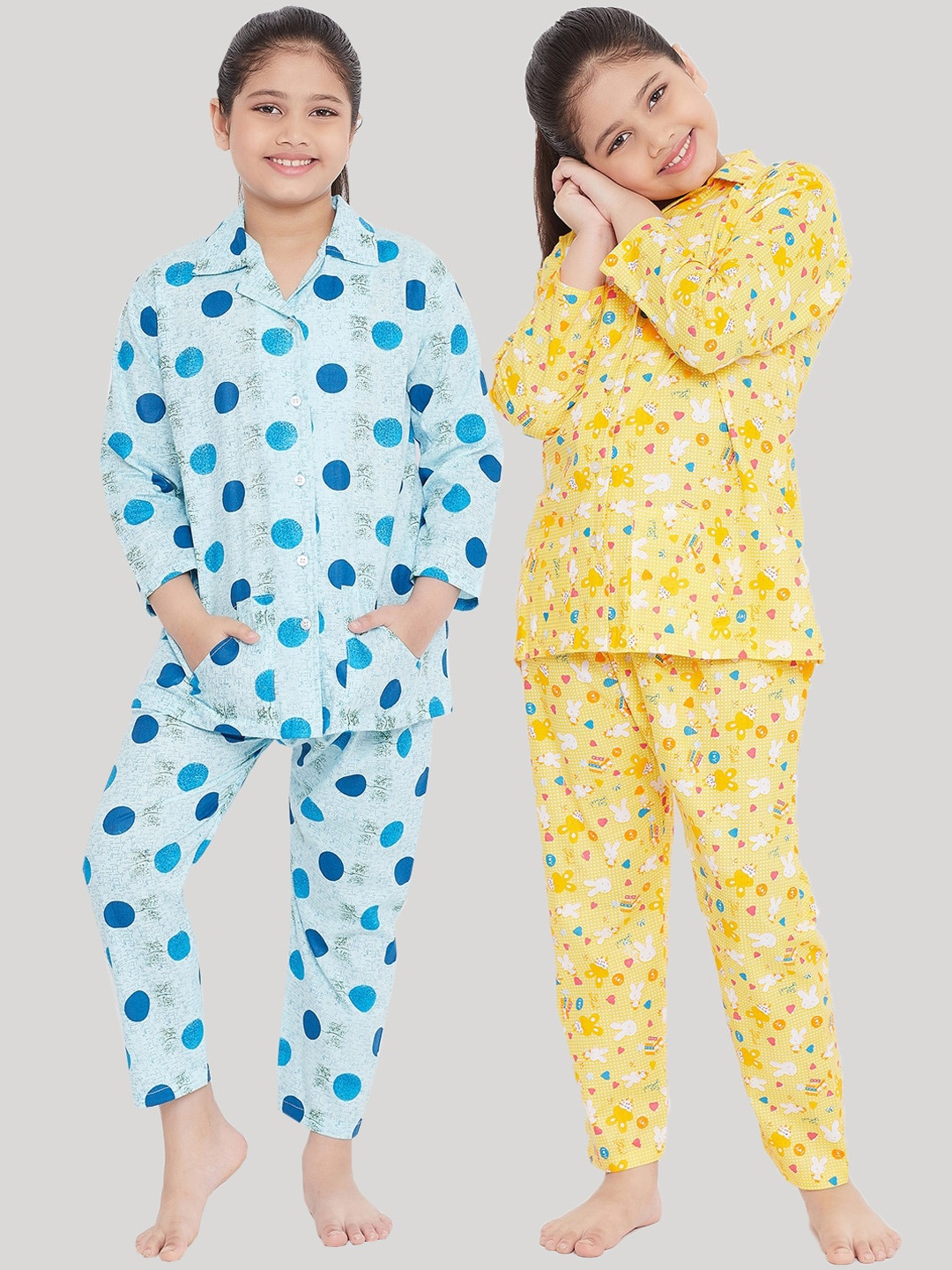 

KYDZI Girls Pack of 2 Blue & Yellow Printed Night Suits