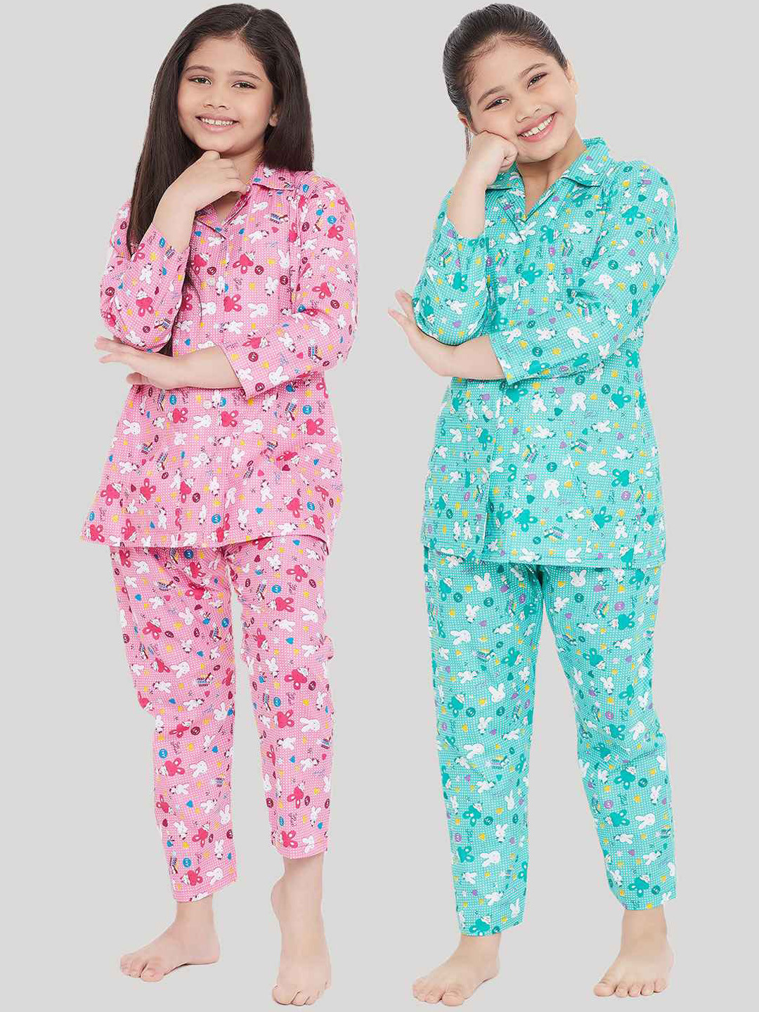 

KYDZI Girls Pack Of 2 Pink & Green Printed Night suit