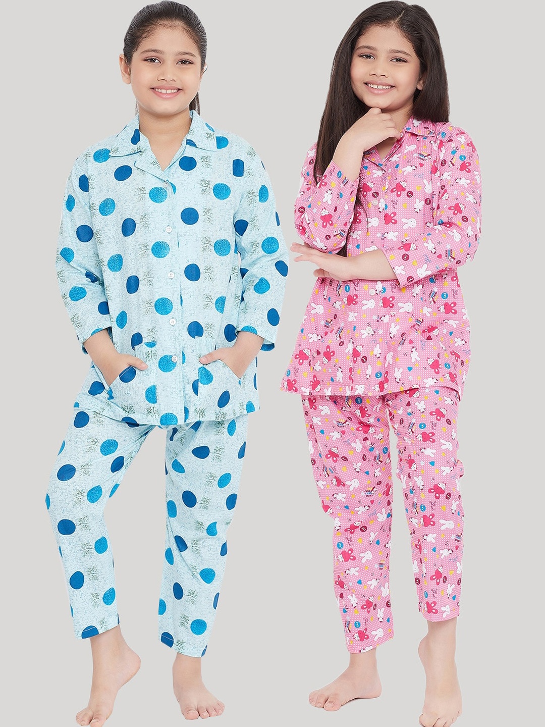 

KYDZI Girls Pack Of 2 Pink & Green Printed Night suit