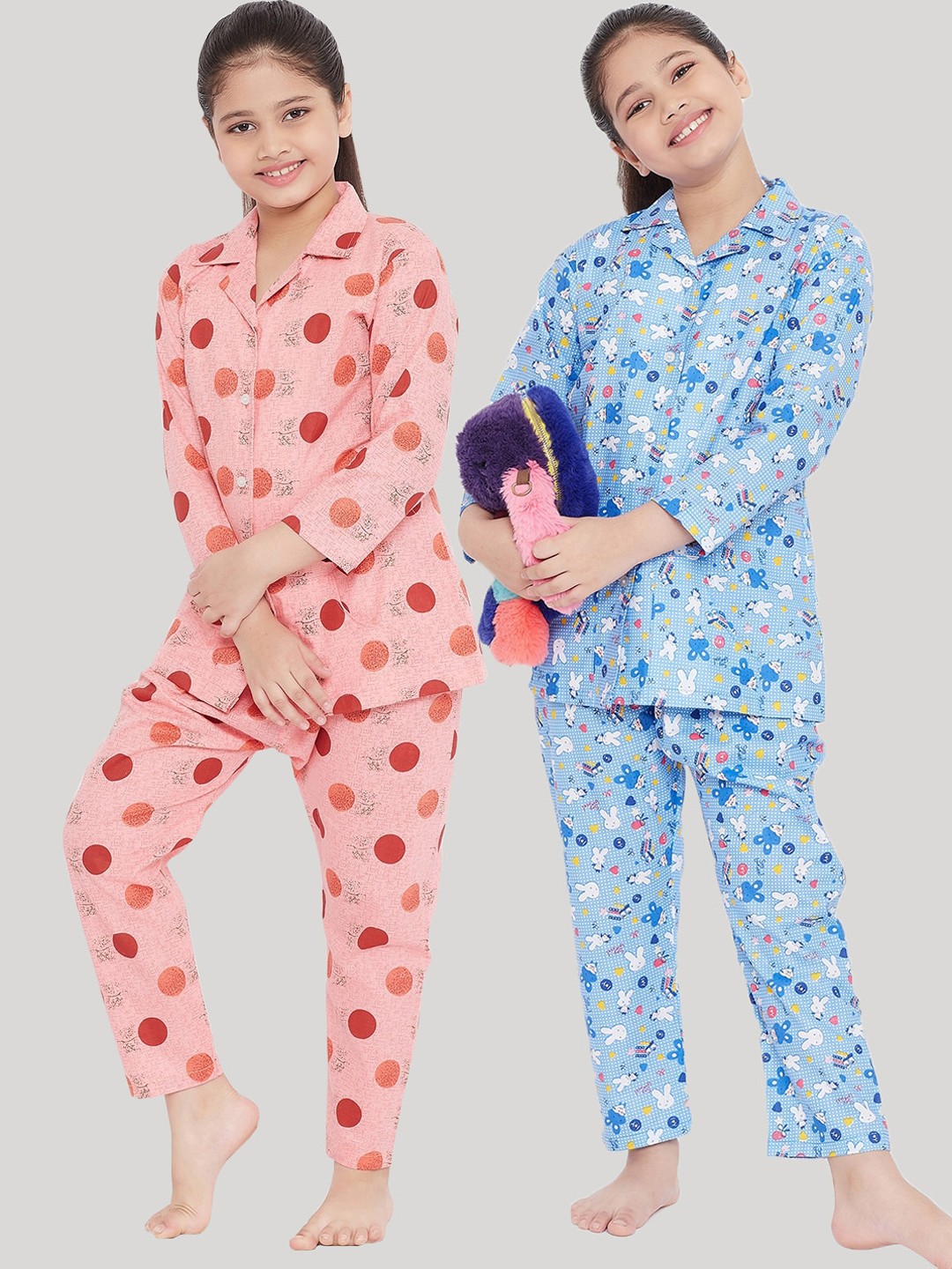 

KYDZI Girls Pack of 2 Peach-Coloured & Blue Printed Night Suits