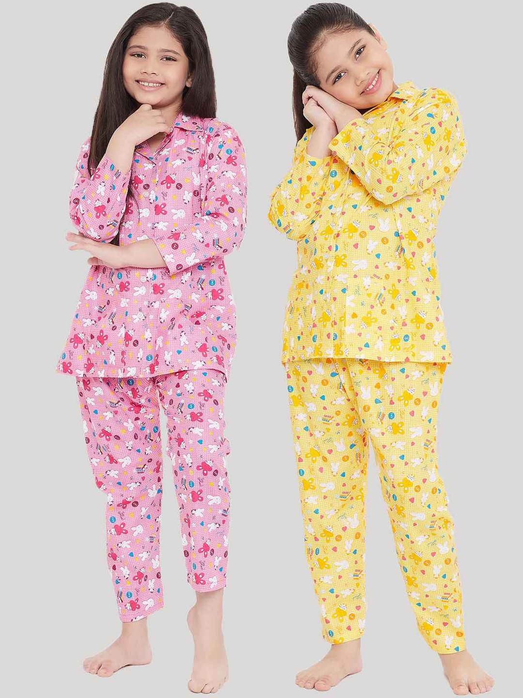 

KYDZI Girls Pack Of 2 Pink & Yellow Printed Night suit