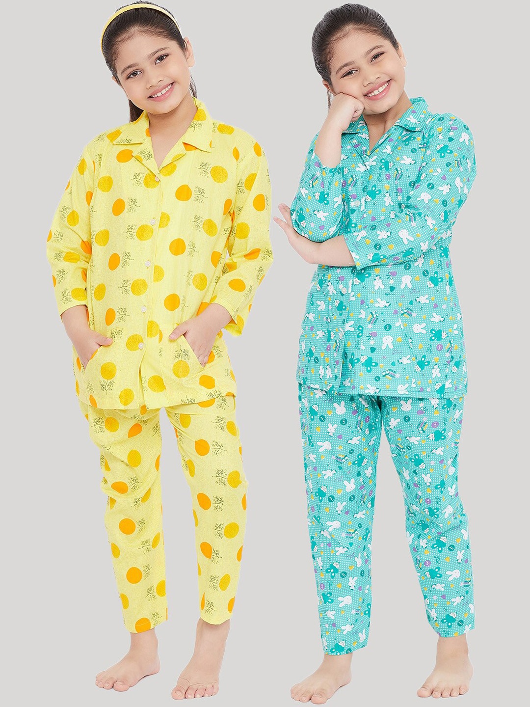 

KYDZI Girls Pack of 2 Yellow & Sea Green Printed Night Suits