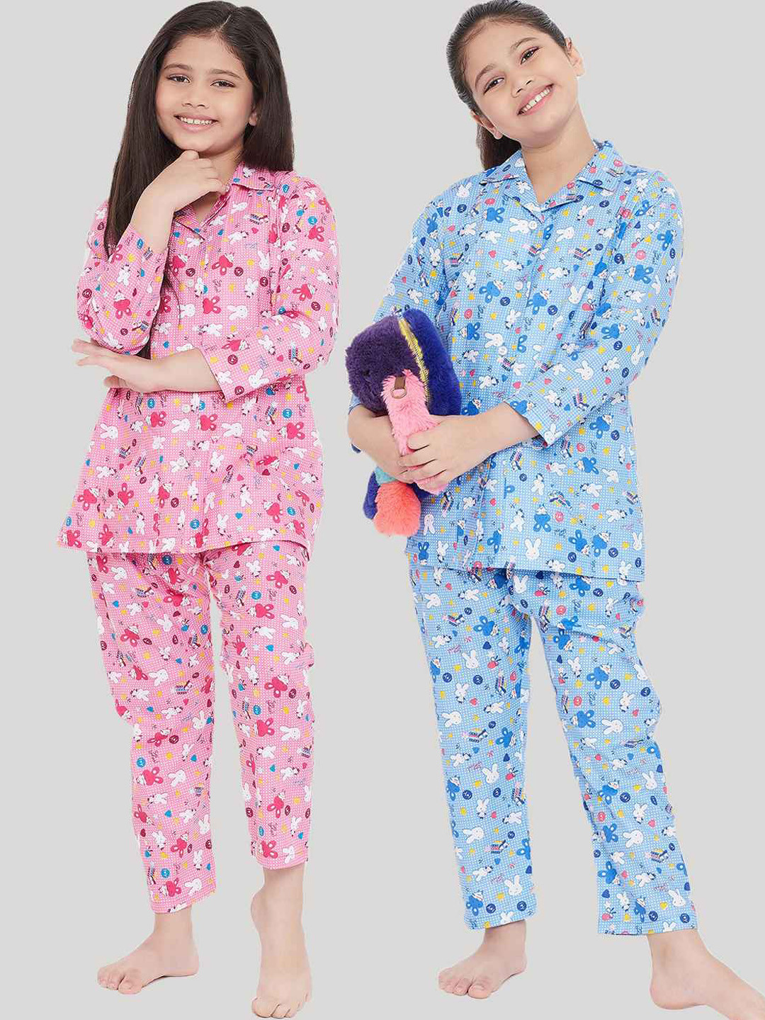 

KYDZI Girls Pack of 2 Pink & Blue Printed Night Suits