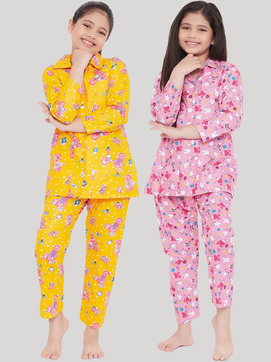 

KYDZI Girls Pack Of 2 Mustard & Pink Printed Night suit