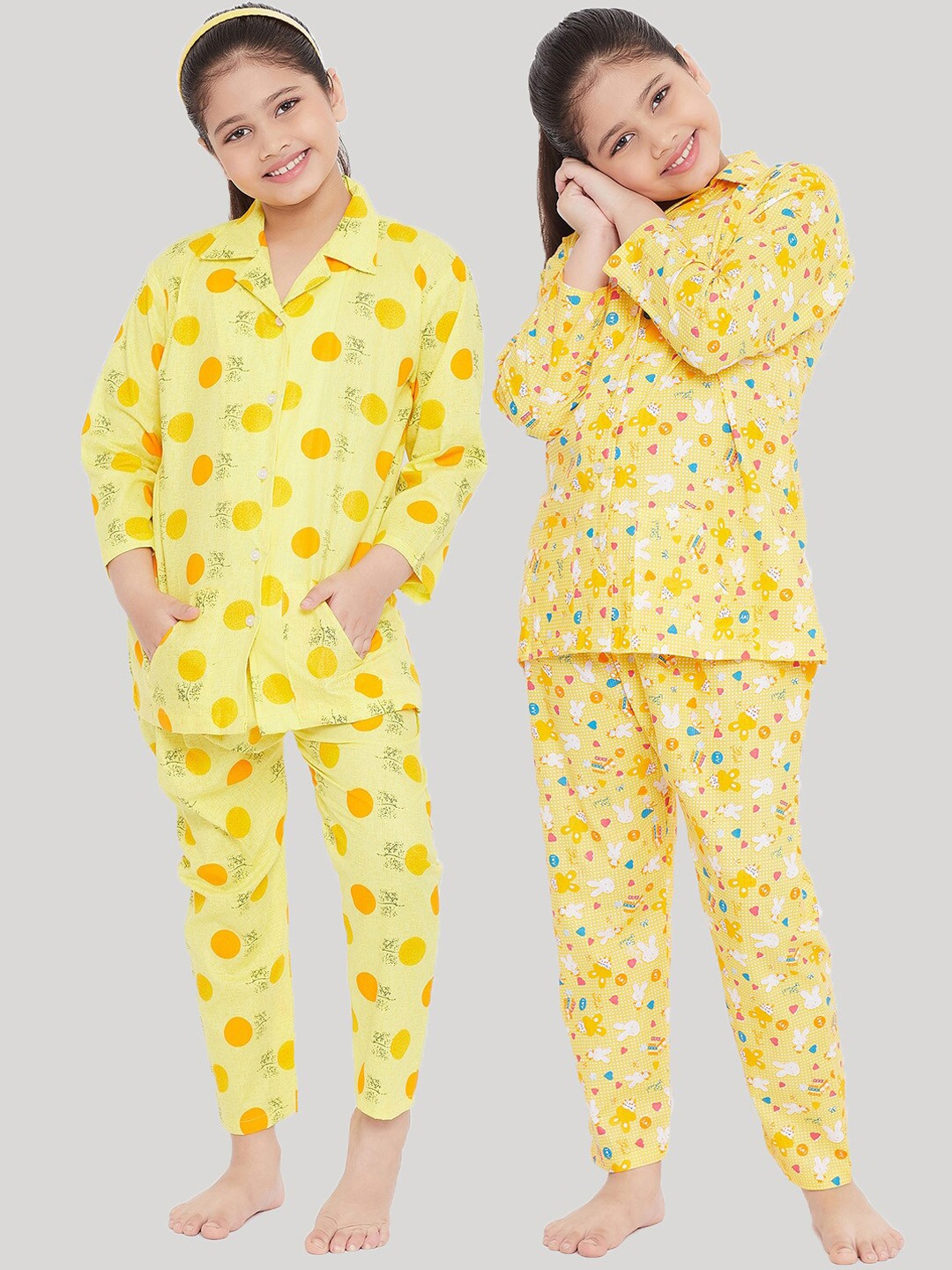 

KYDZI Girls Pack Of 2 Yellow & White Printed Night suit