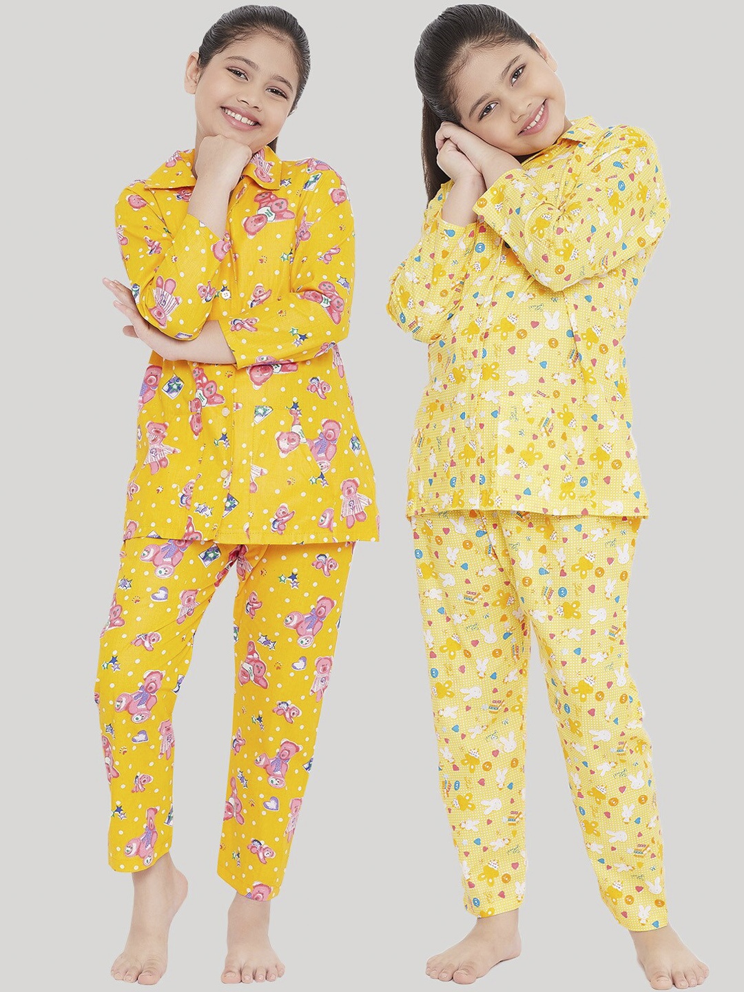 

KYDZI Girls Pack of 2 Mustard Yellow Printed Night Suits