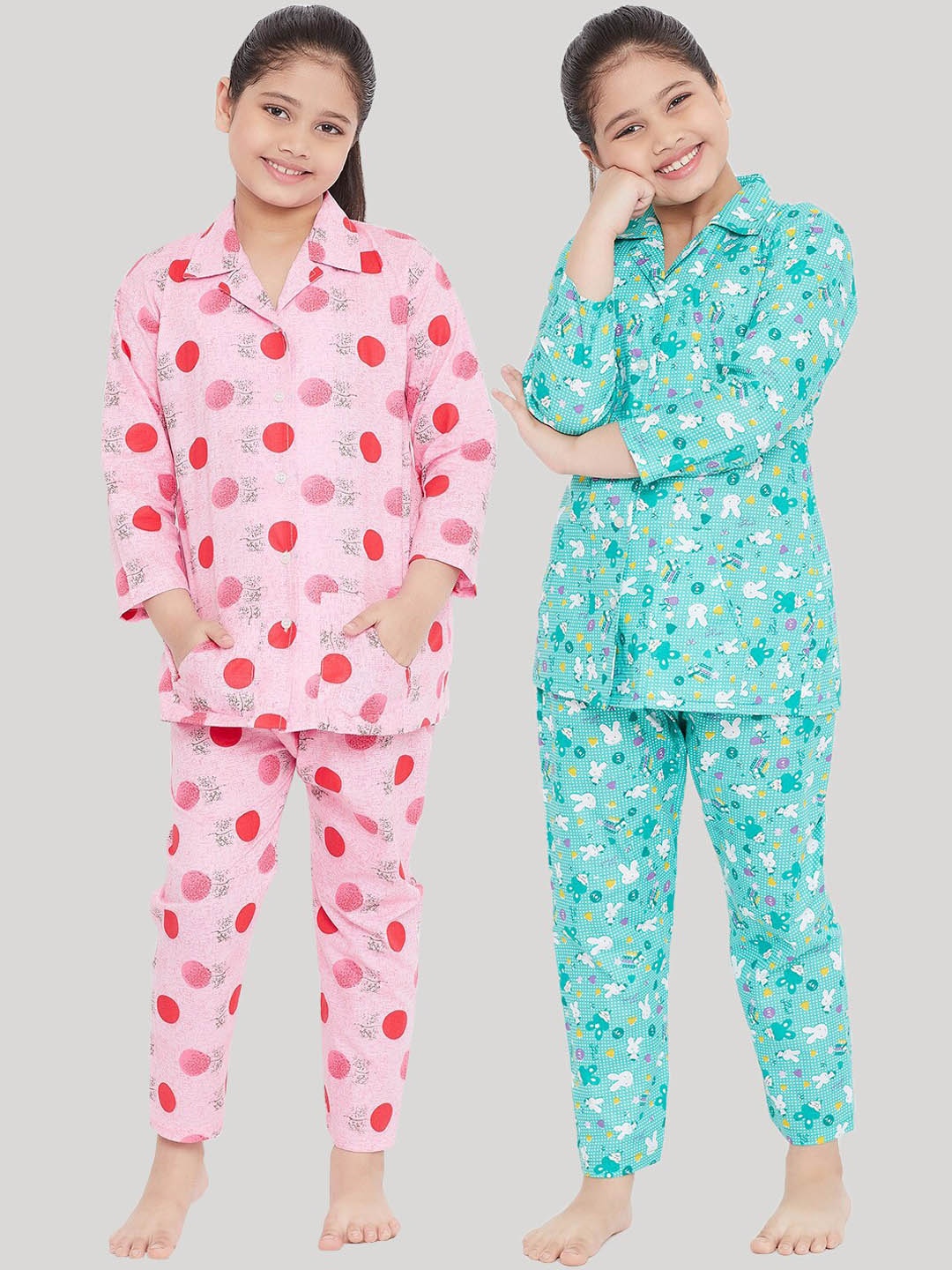 

KYDZI Girls Pack of 2 Green & Pink Printed Night Suits