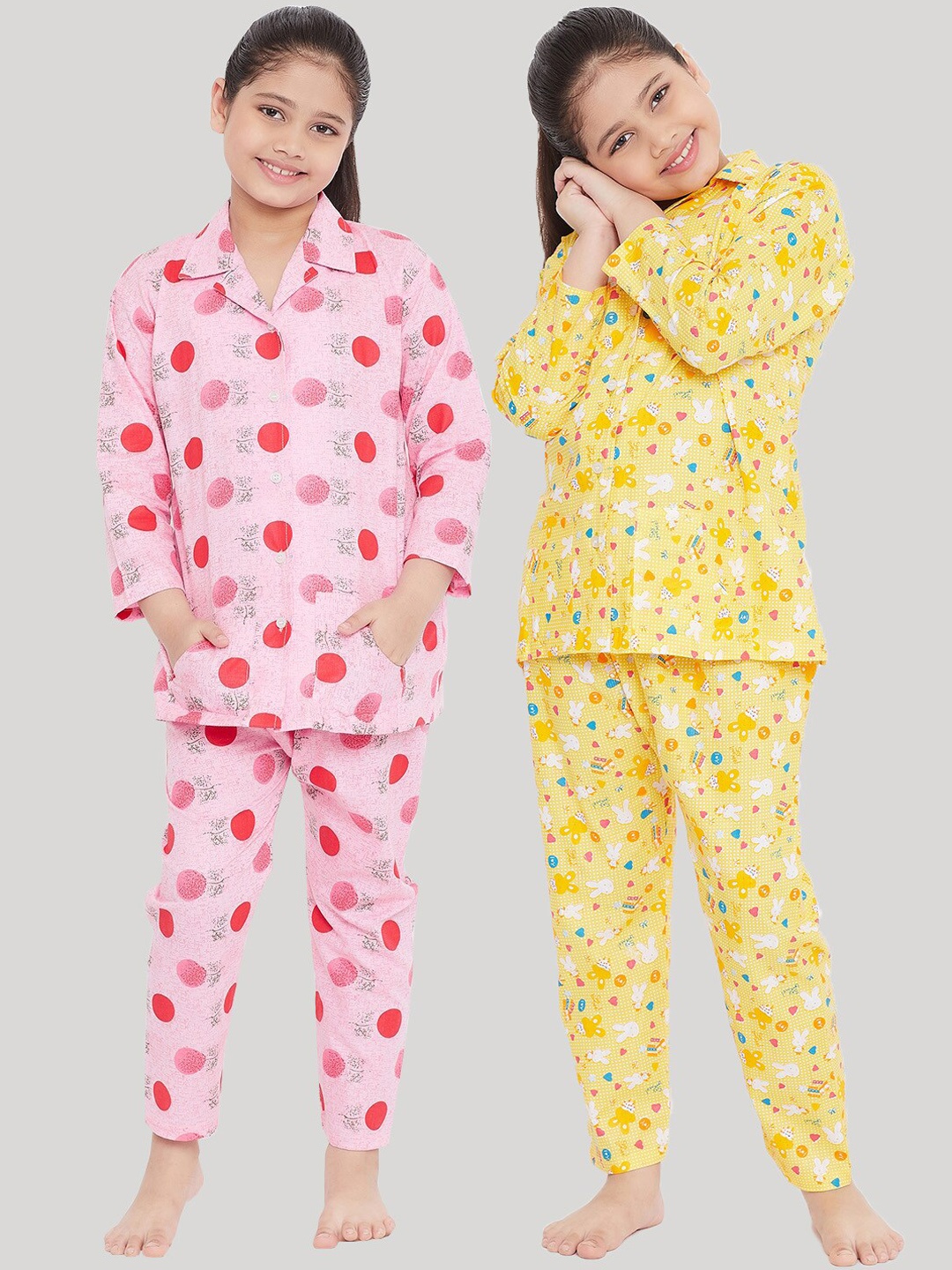 

KYDZI Girls Pack Of 2 Pink & Yellow Printed Night suit