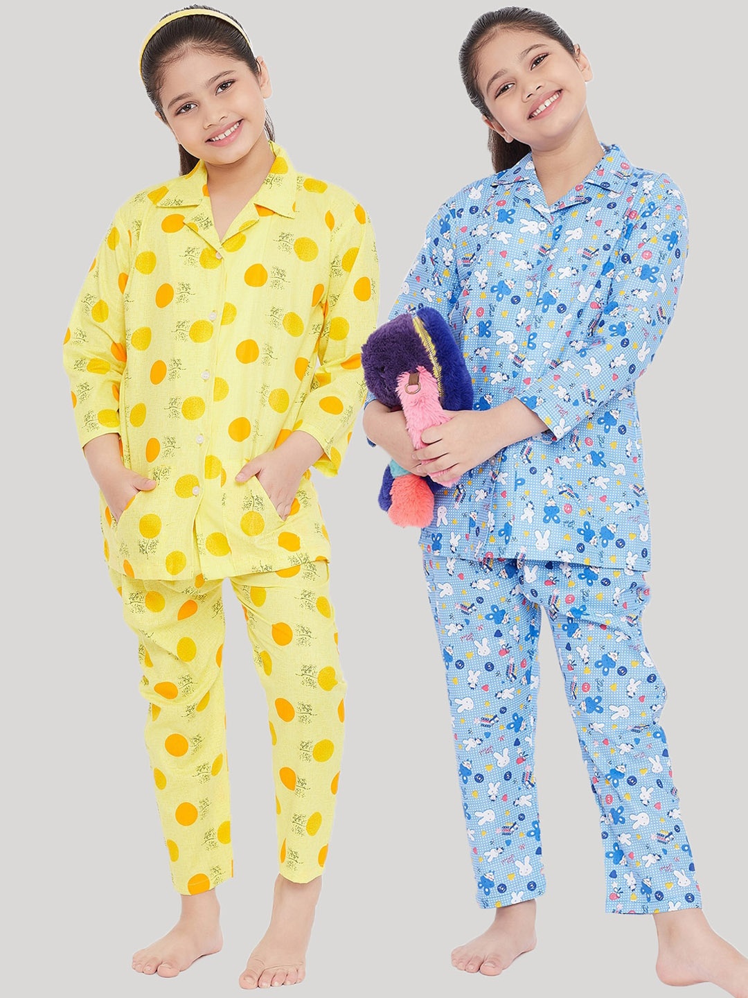 

KYDZI Girls Pack Of 2 Yellow & Blue Printed Night suit