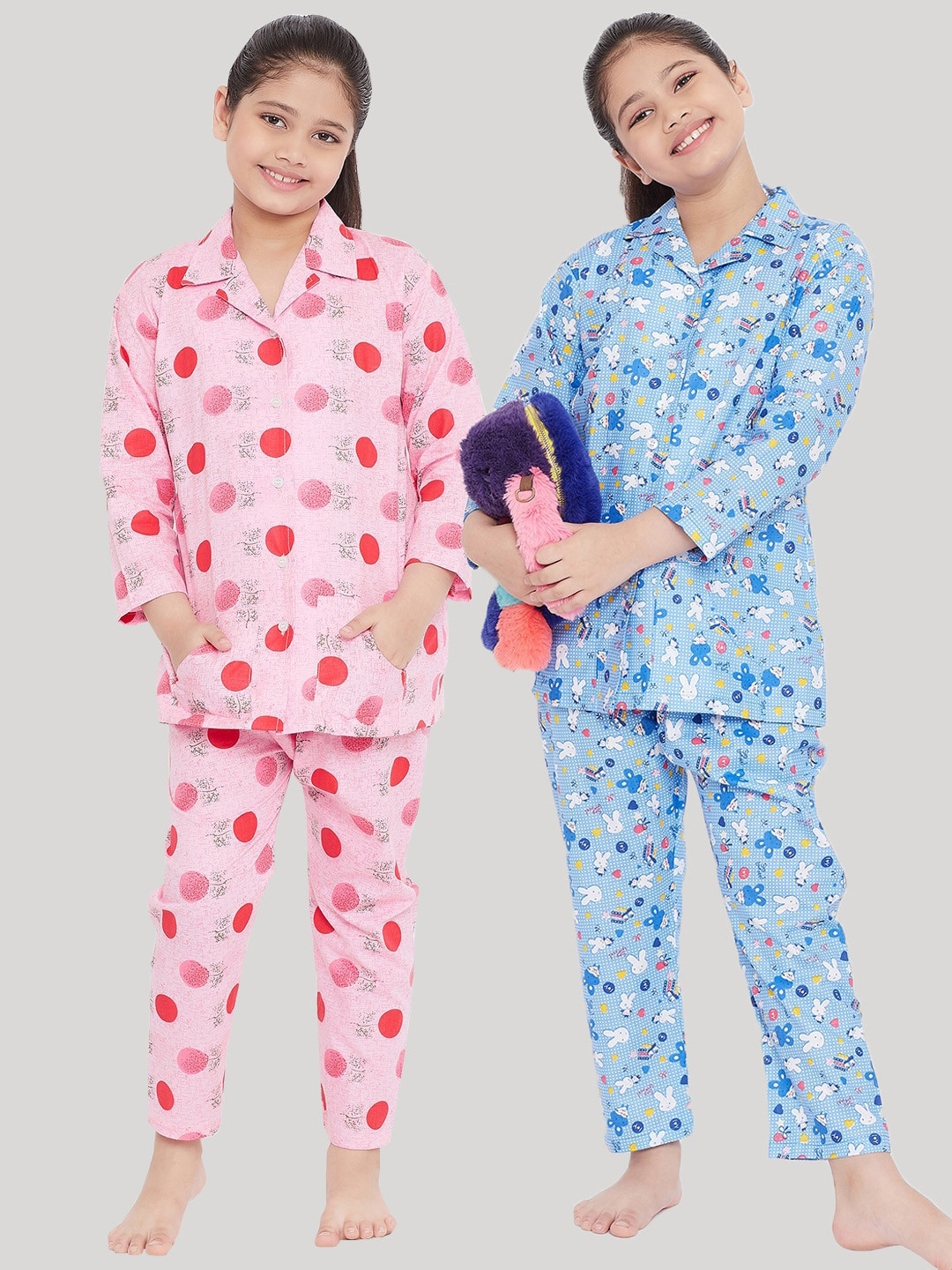 

KYDZI Girls Pack of 2 Blue & Pink Printed Night Suits