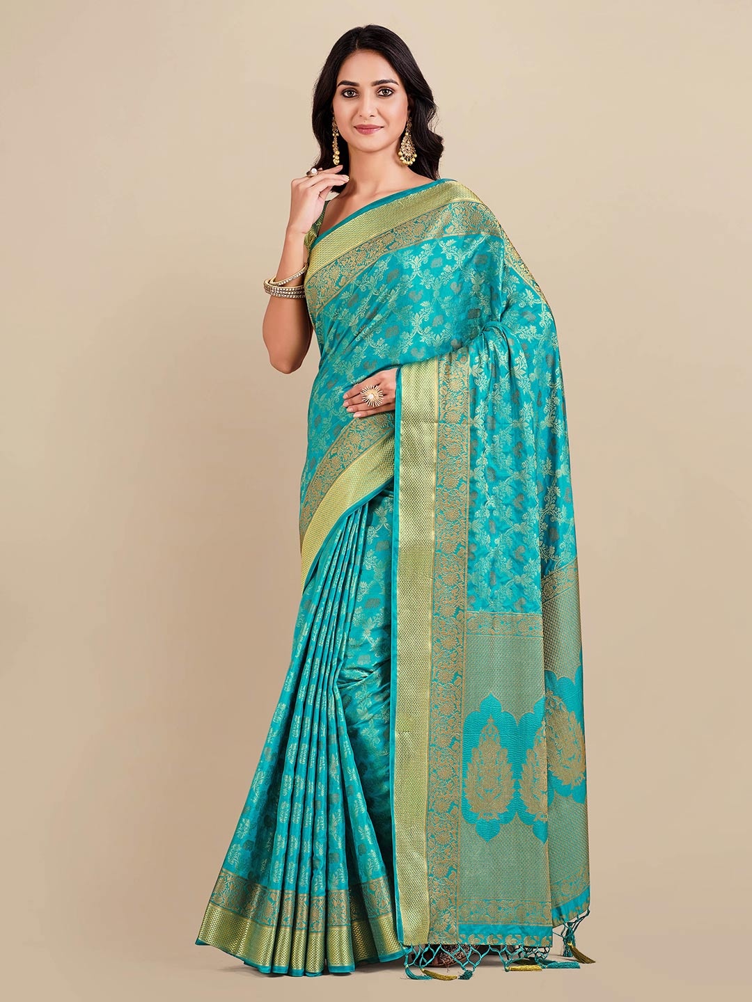 

MIMOSA Turquoise Blue & Gold-Coloured Ethnic Motifs Zari Art Silk Kanjeevaram Saree