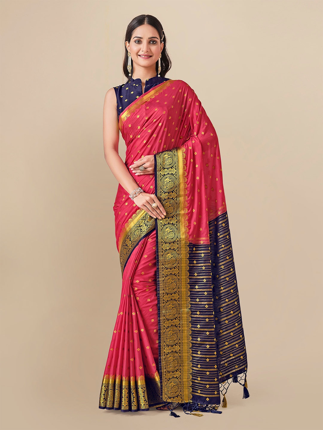 

MIMOSA Pink & Navy Blue Ethnic Motifs Zari Mysore Silk Saree