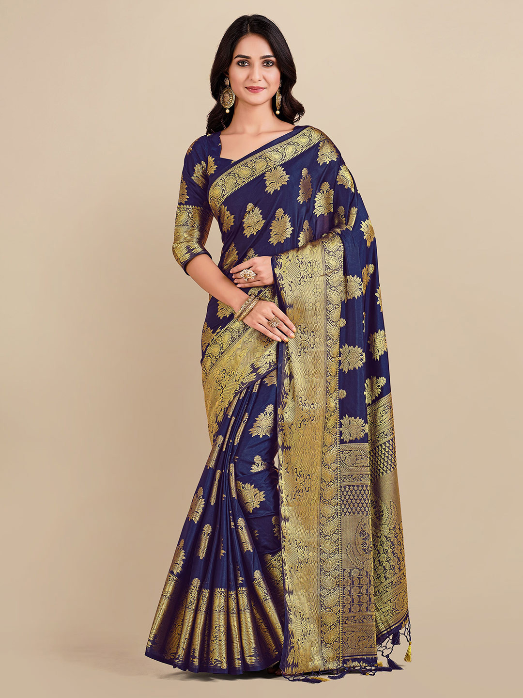 

MIMOSA Navy Blue & Gold-Toned Ethnic Motifs Art Silk Kanjeevaram Saree
