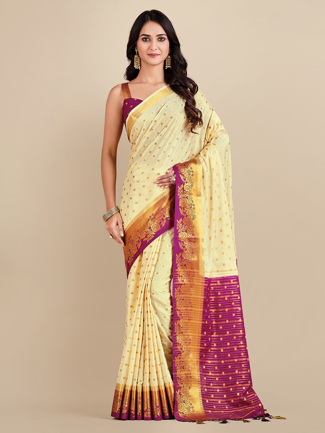 

MIMOSA Beige & Magenta Ethnic Motifs Zari Mysore Silk Saree