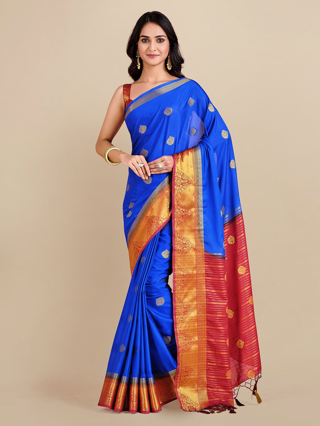 

MIMOSA Blue & Maroon Floral Zari Mysore Silk Saree