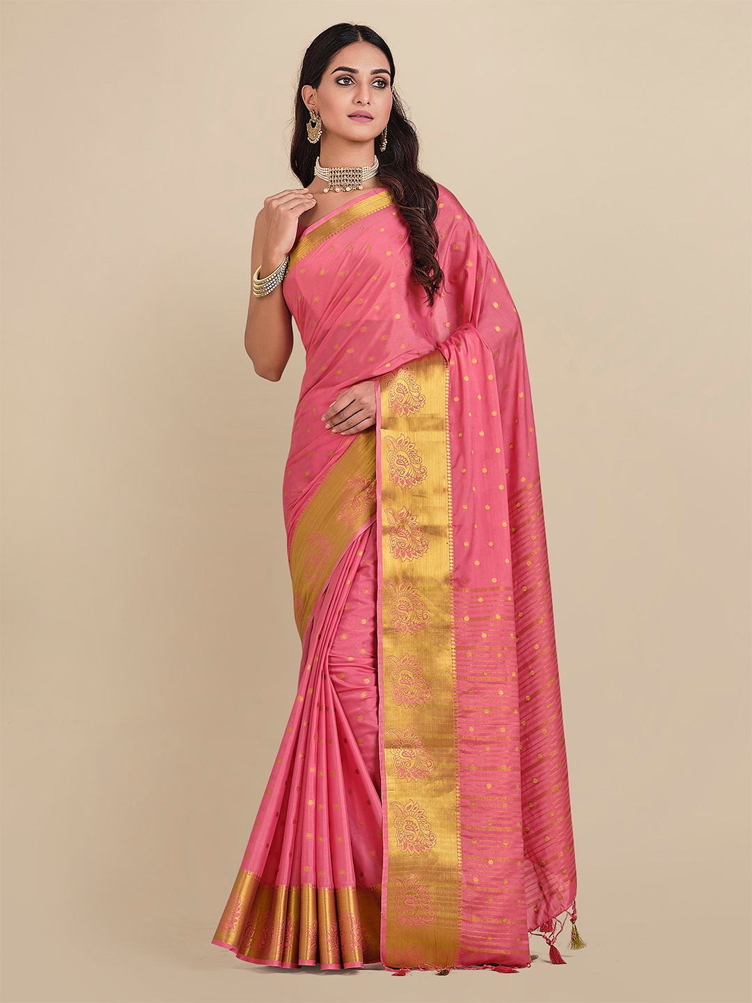 

MIMOSA Pink & Gold-Toned Floral Zari Mysore Silk Saree