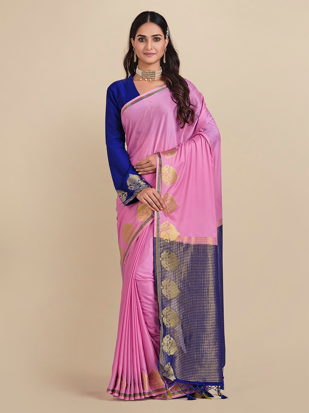 

MIMOSA Pink & Gold-Toned Ethnic Motifs Mysore Silk Saree