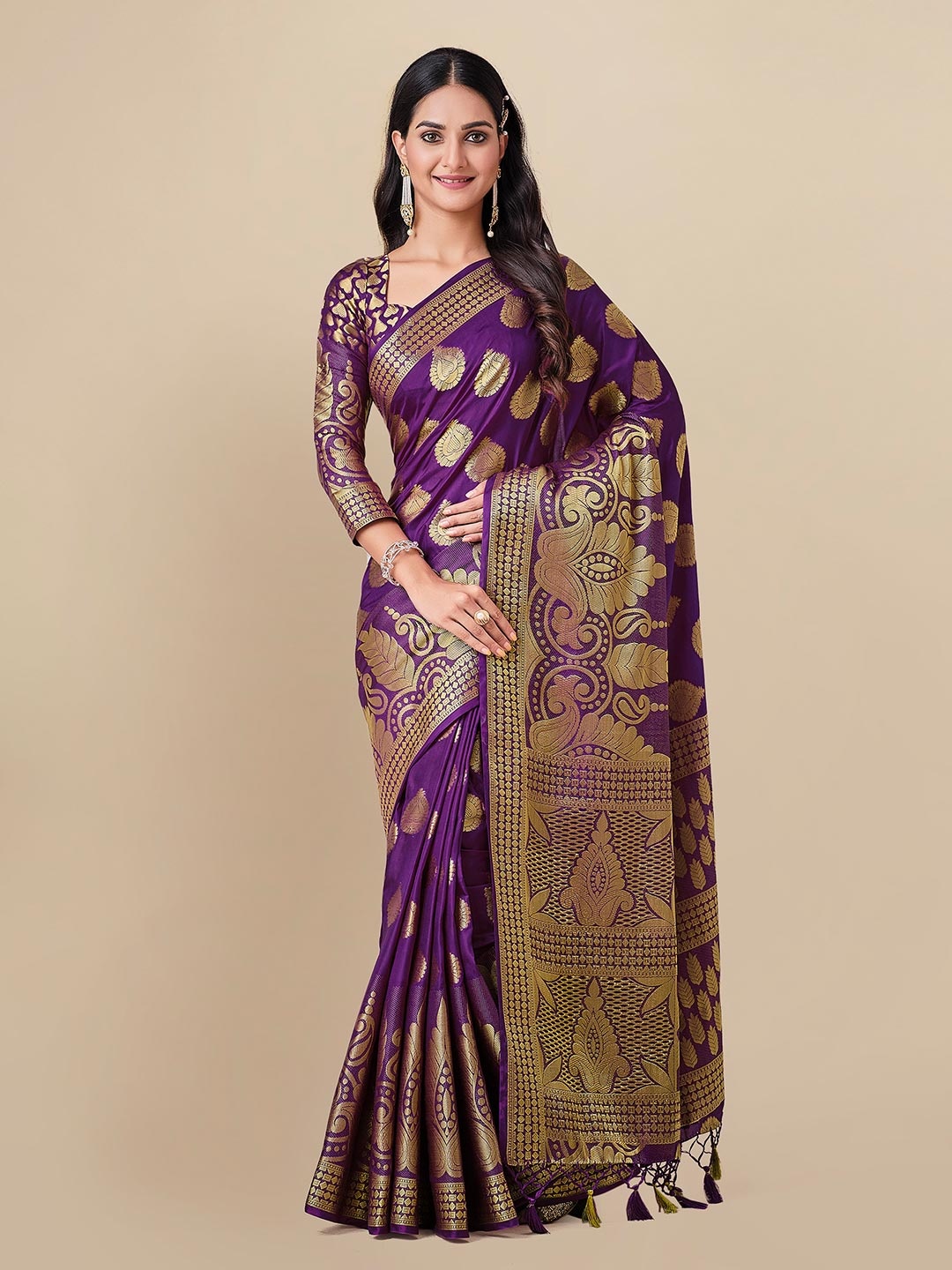 

MIMOSA Violet & Gold-Coloured Ethnic Motifs Zari Art Silk Kanjeevaram Saree