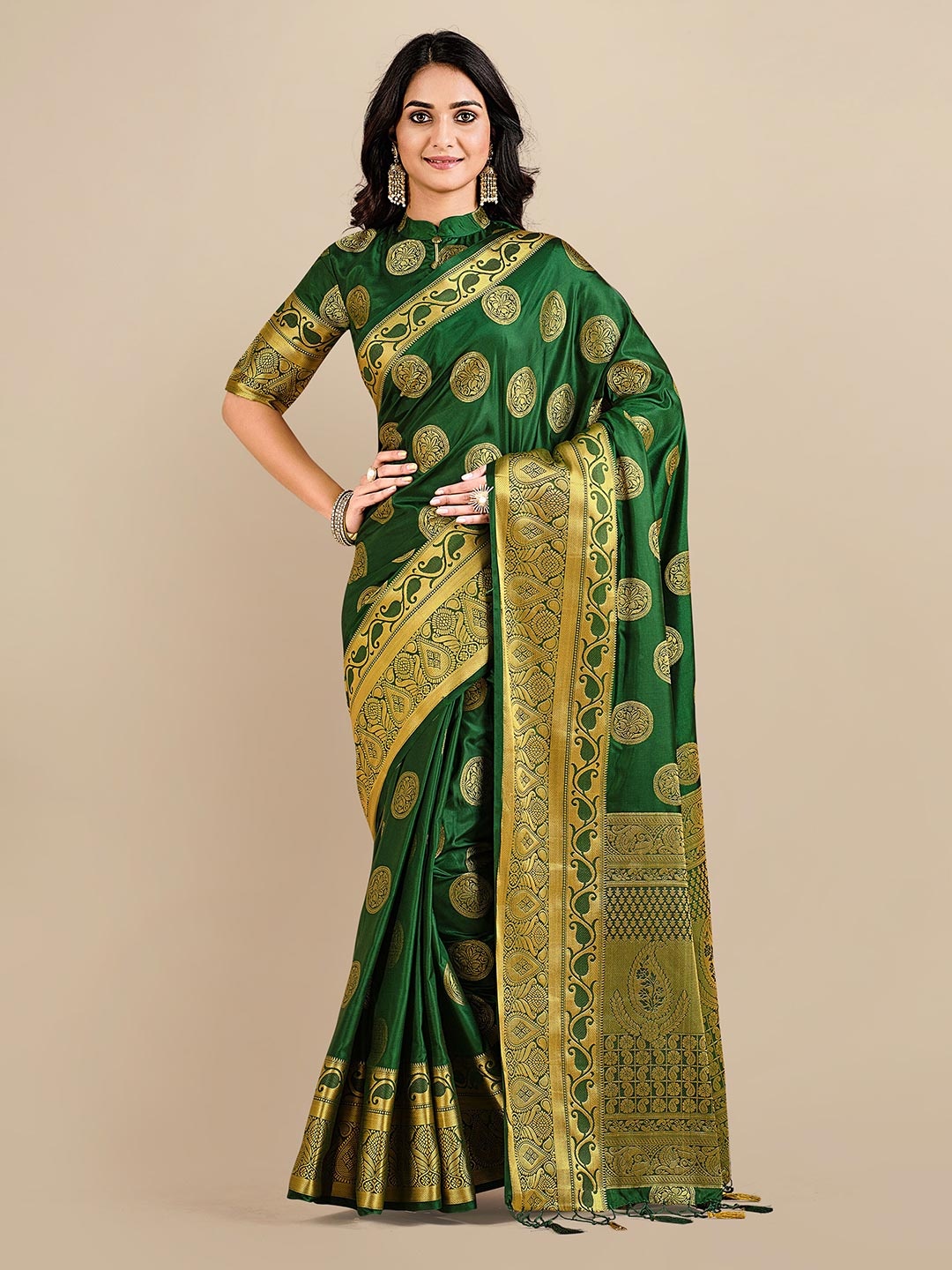 

MIMOSA Green & Gold-Coloured Ethnic Motifs Zari Art Silk Kanjeevaram Saree