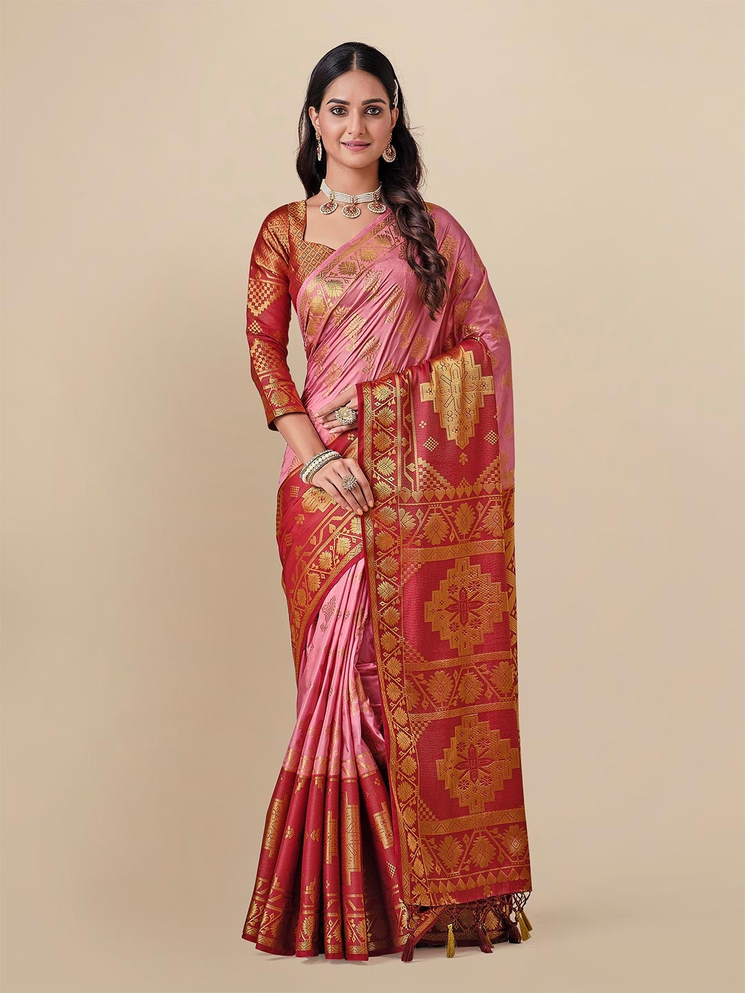 

MIMOSA Pink & Maroon Ethnic Motifs Art Silk Kanjeevaram Saree