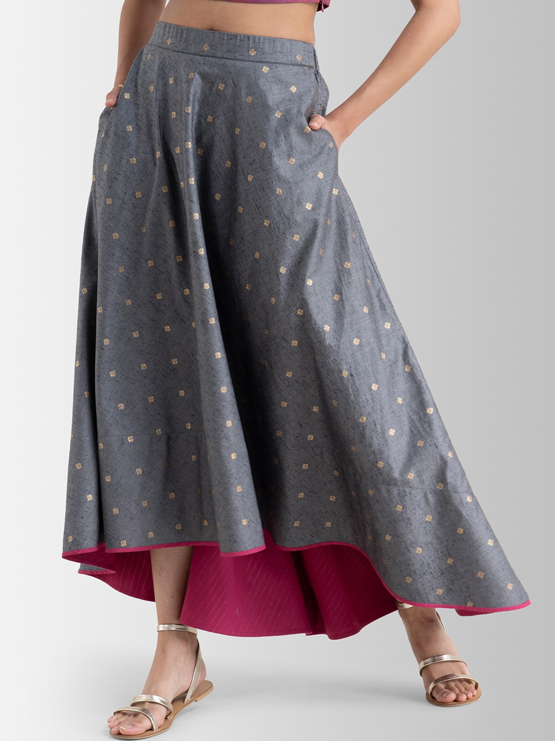 

Pink Fort Woman Grey & Gold-Toned Foil Print Flared Maxi Skirt