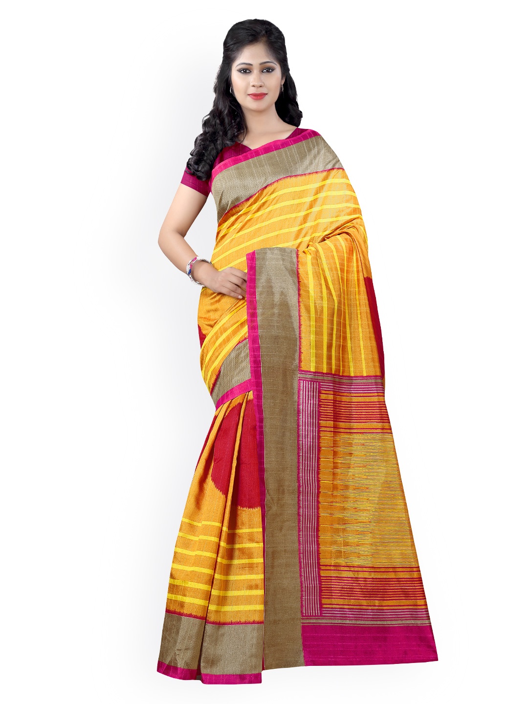 

Saree Mall Mustard Yellow & Pink Art Silk Printed Saree