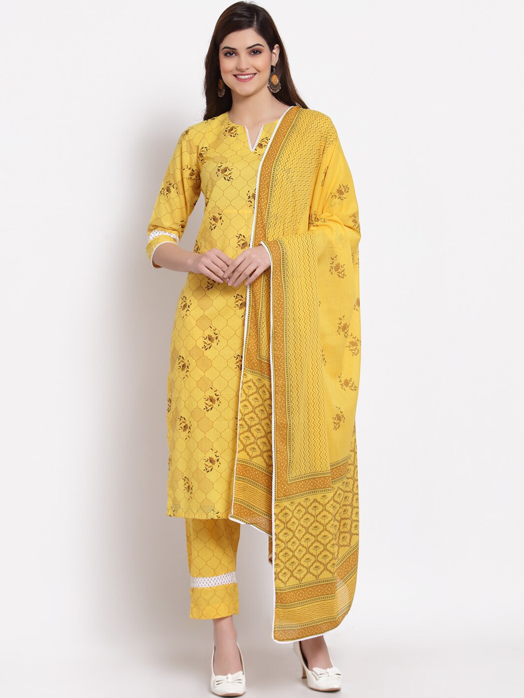 

Indibelle Women Yellow Floral Printed Pure Cotton Kurta with Trousers & Dupatta