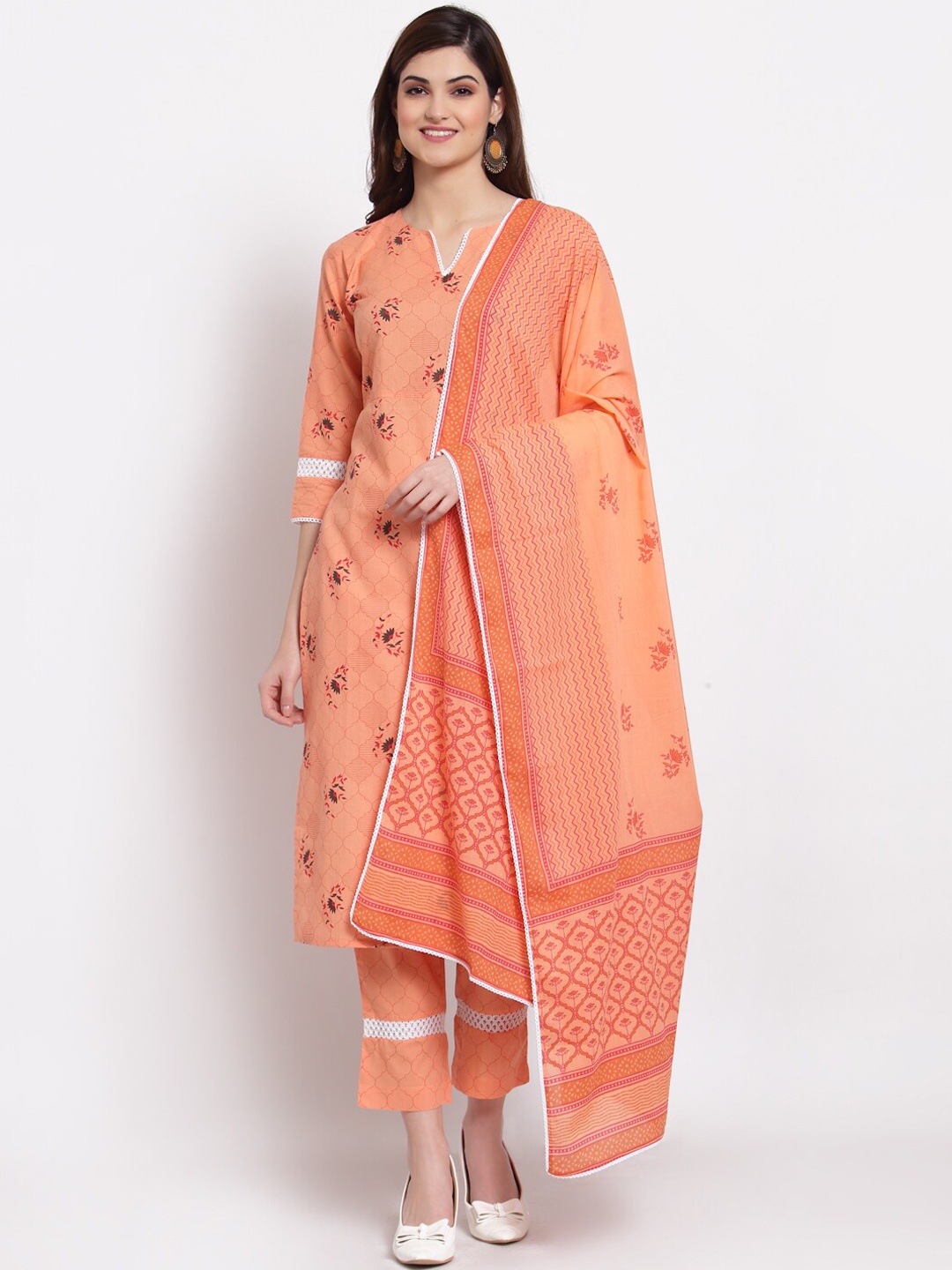 

Indibelle Women Peach-Coloured & Red Floral Pure Cotton Kurta With Trousers & Dupatta