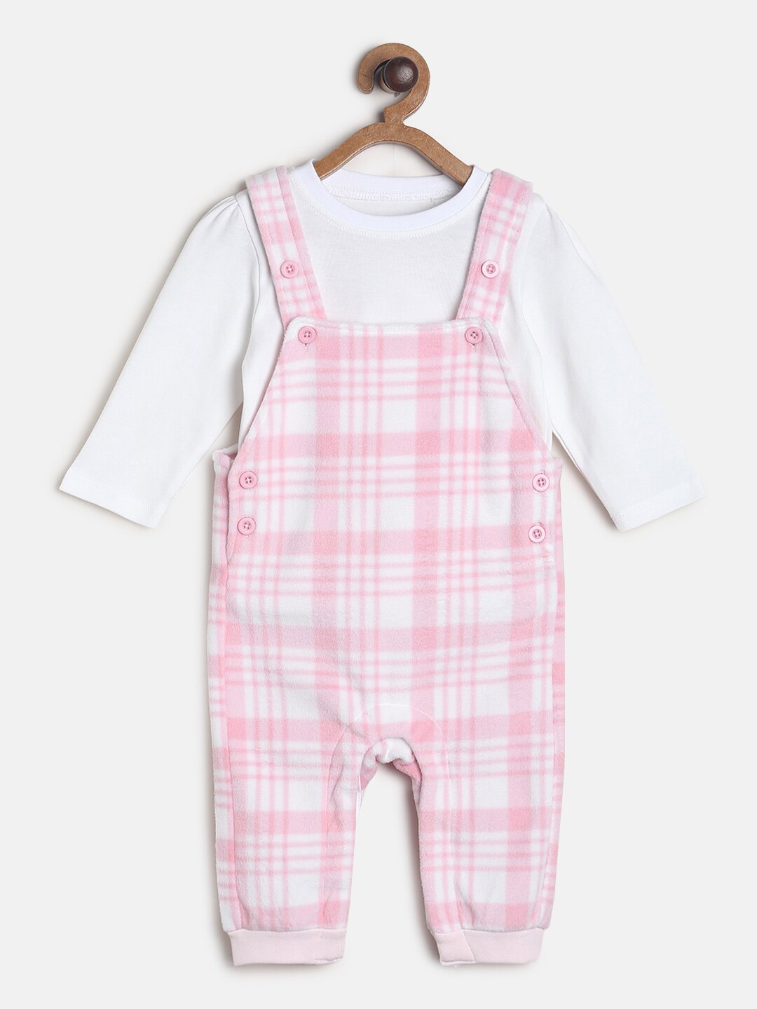 

MINI KLUB Girls Pink & White Pure Cotton T-shirt With Dungarees