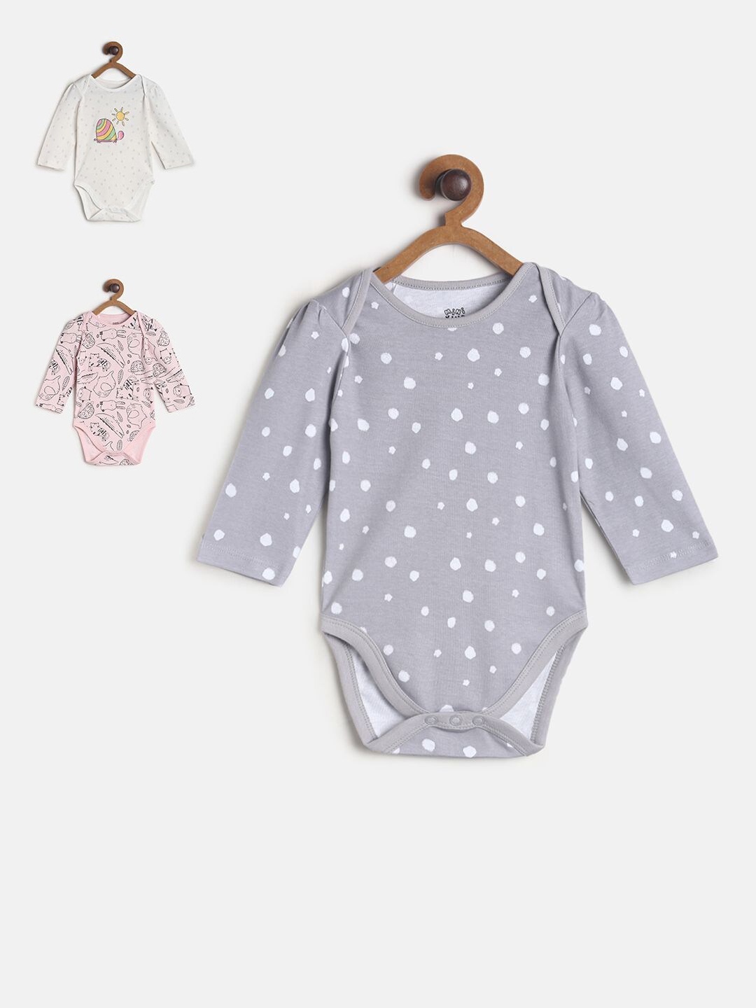 

MINI KLUB Infant Girls Pack Of 3 Printed Pure Cotton Bodysuits, Grey