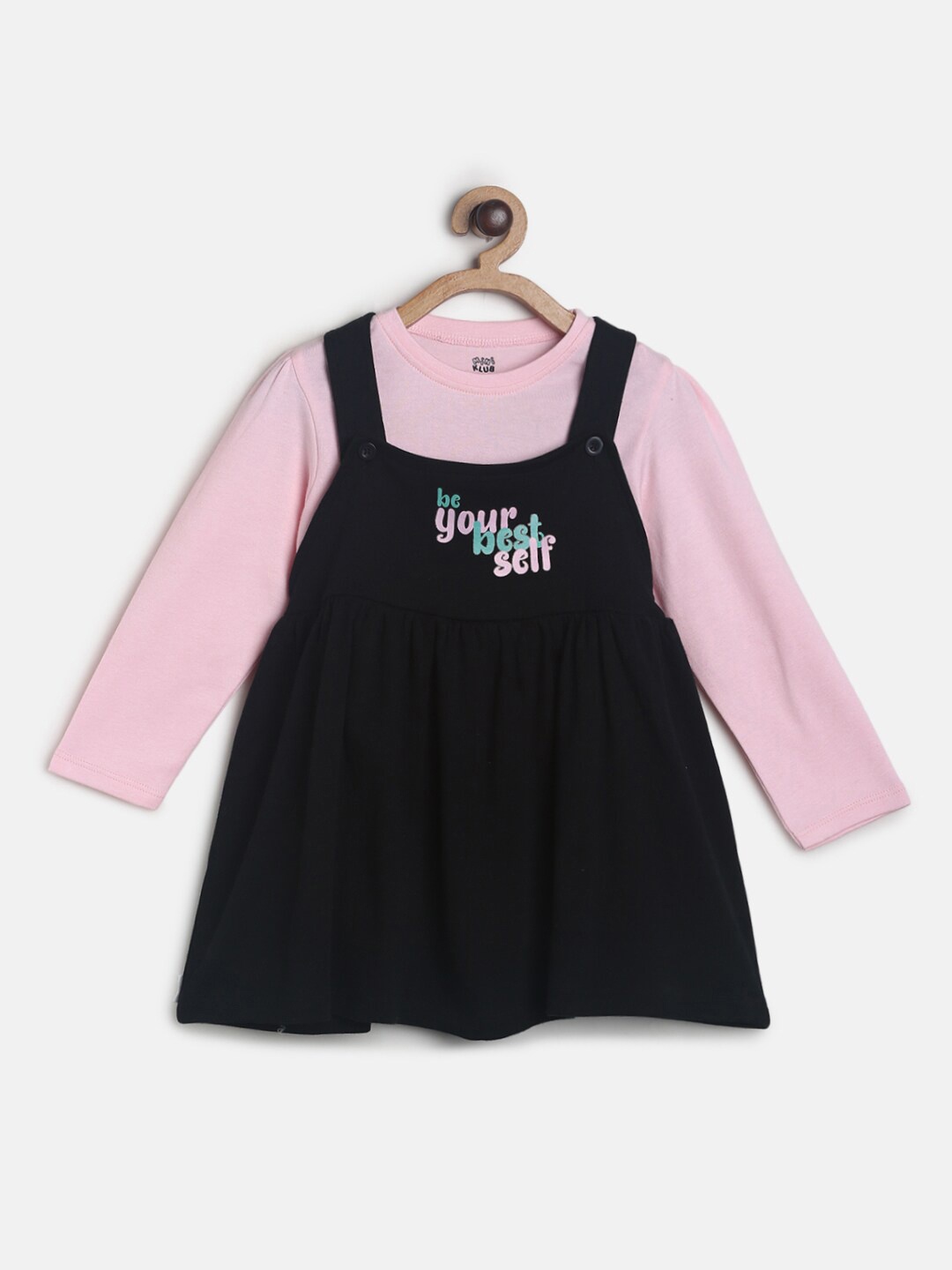 

MINI KLUB Girls Black & Pink Pure Cotton T-shirt with Pinnafore Skirt