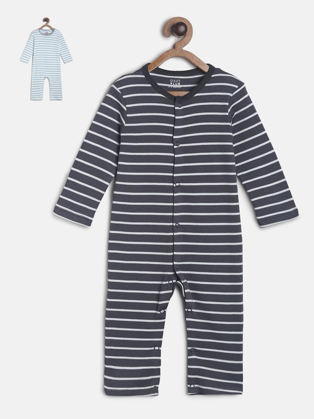 

MINI KLUB Infants Boys Pack of 2 Striped Pure Cotton Rompers, Grey