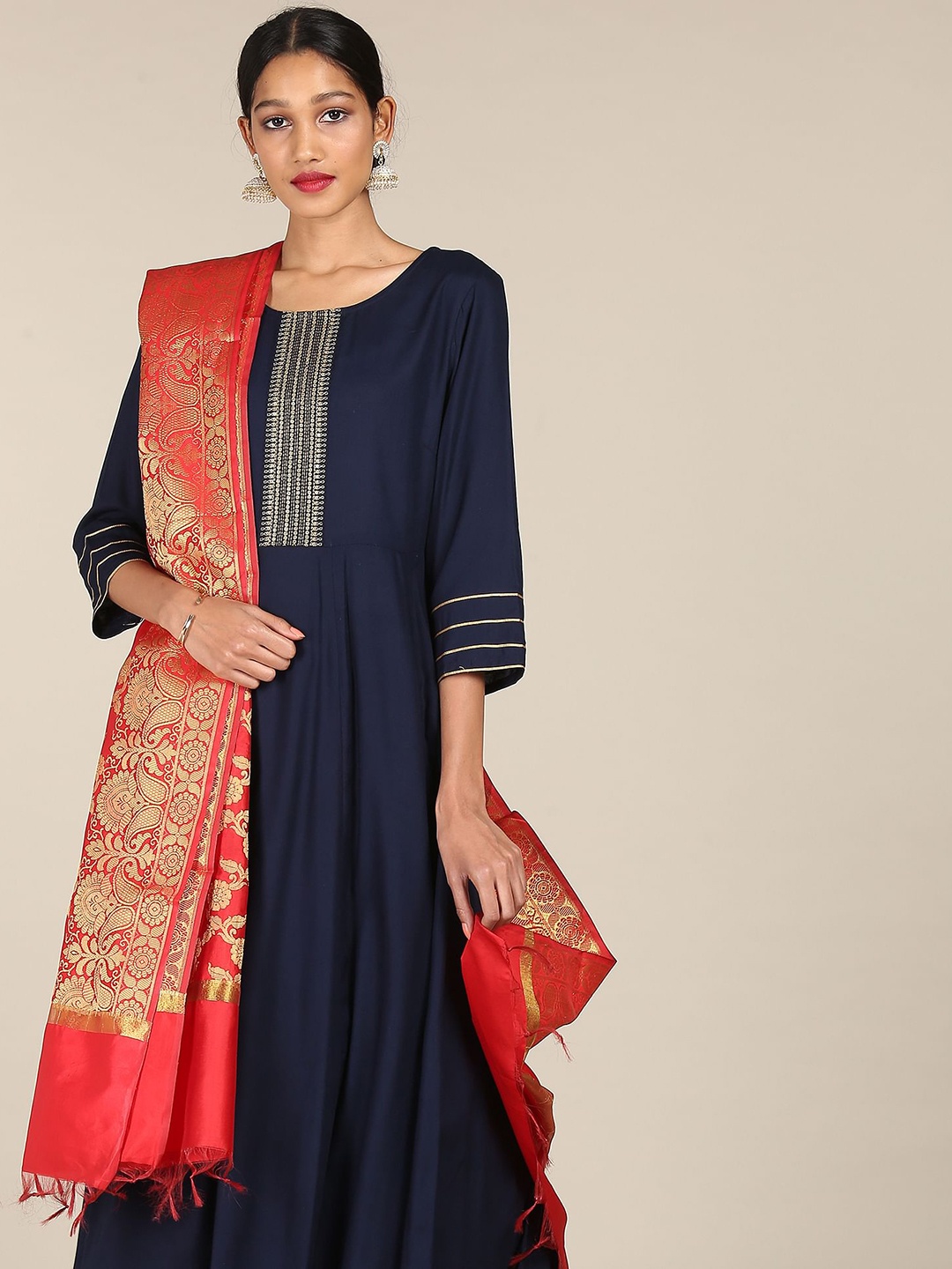 

Anahi Women Navy Blue Ethnic Motifs High Slit Kurta with Palazzos & With Dupatta