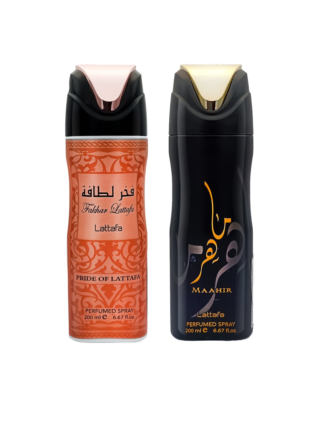 

Lattafa Set Of 2 Black Fakhar & Maahir Perfumed Body Spray Deodorant - 200ml each, Orange