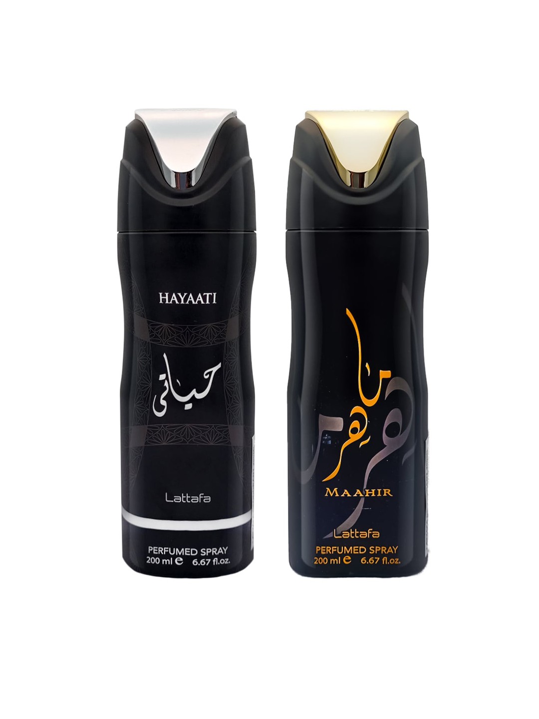 

Lattafa Set Of 2 Maahir & Hayati Perfumed Body Spray Deodorant 200ml, Black