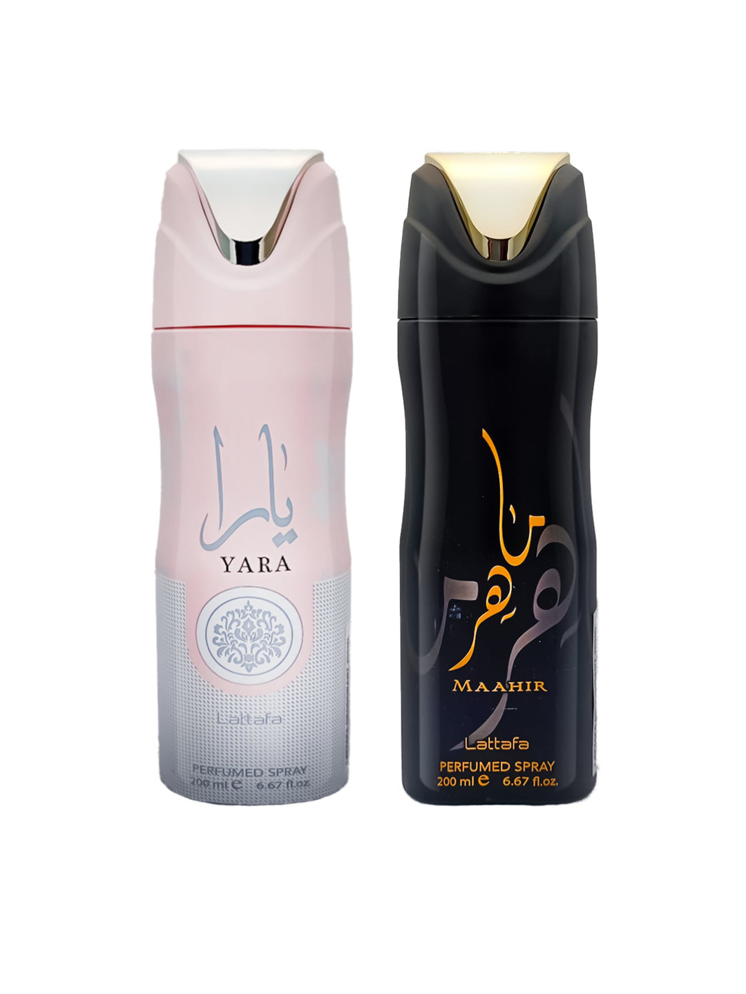 

Lattafa Unisex Set Of 2 Musk Yara & Maahir Deodorant Perfumed Body Spray 200 ml Each, Pink